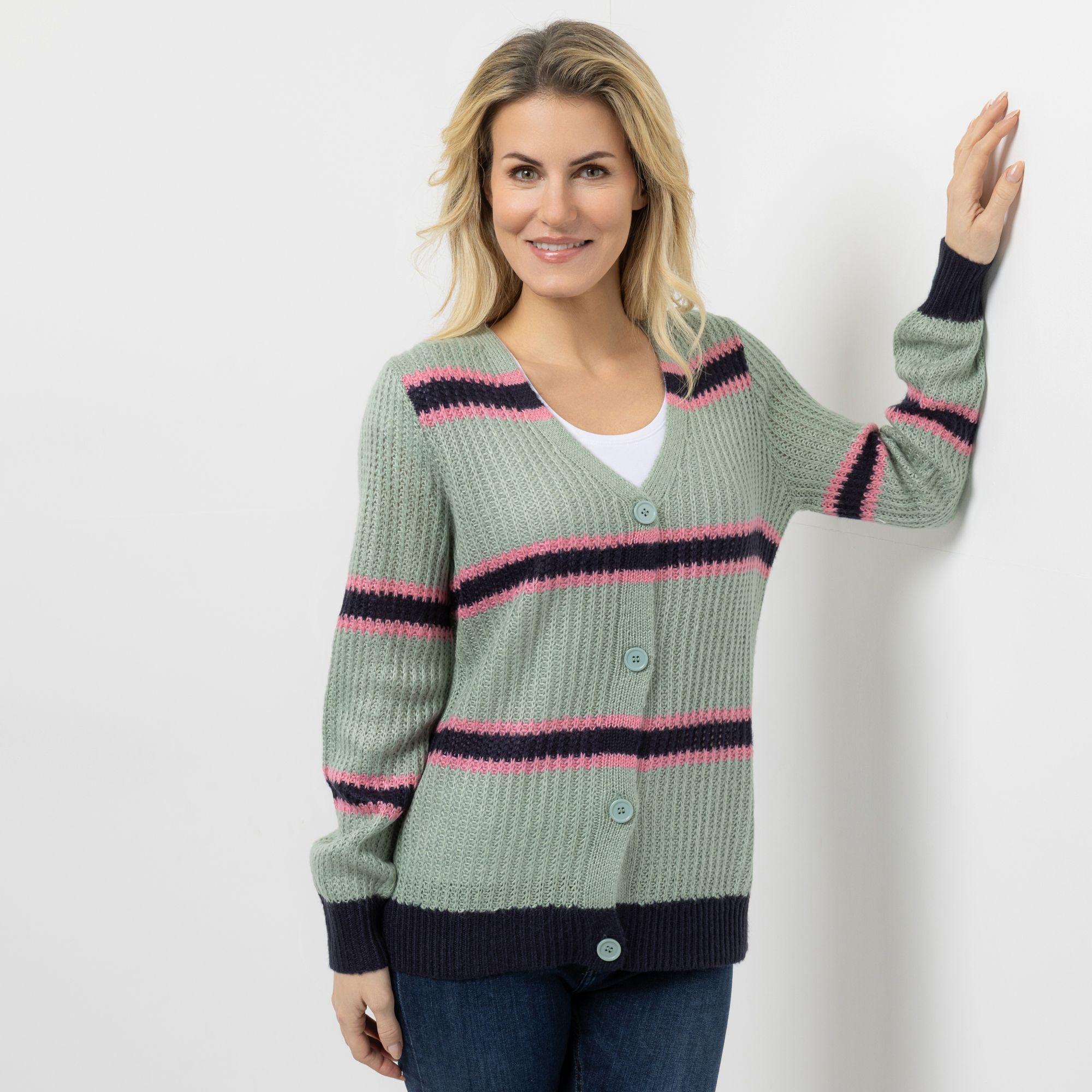 VIA MILANO Cardigan, 1/1-Arm V-Ausschnitt Knopfleiste leger weit