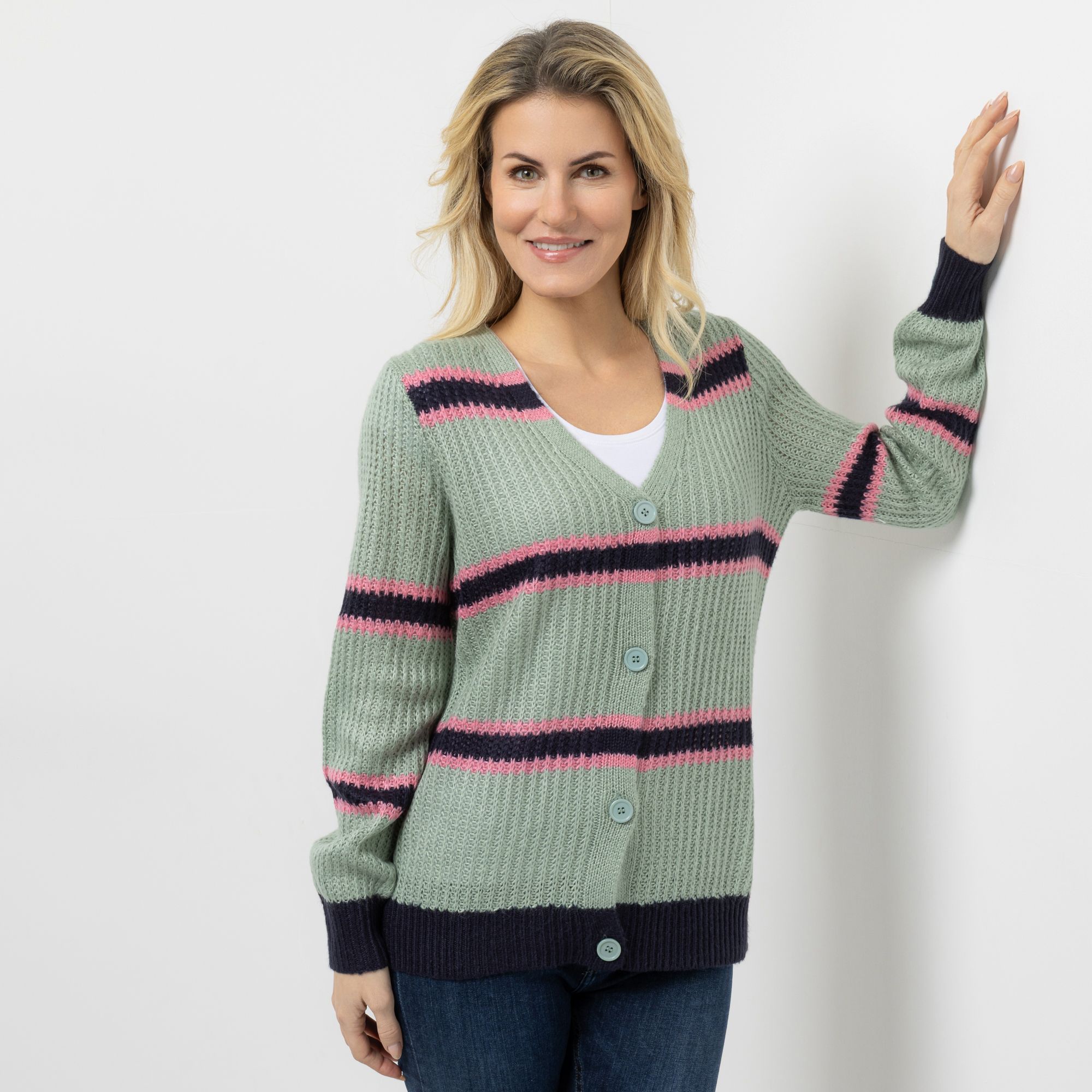 VIA MILANO Cardigan, 1/1-Arm V-Ausschnitt Knopfleiste leger weit