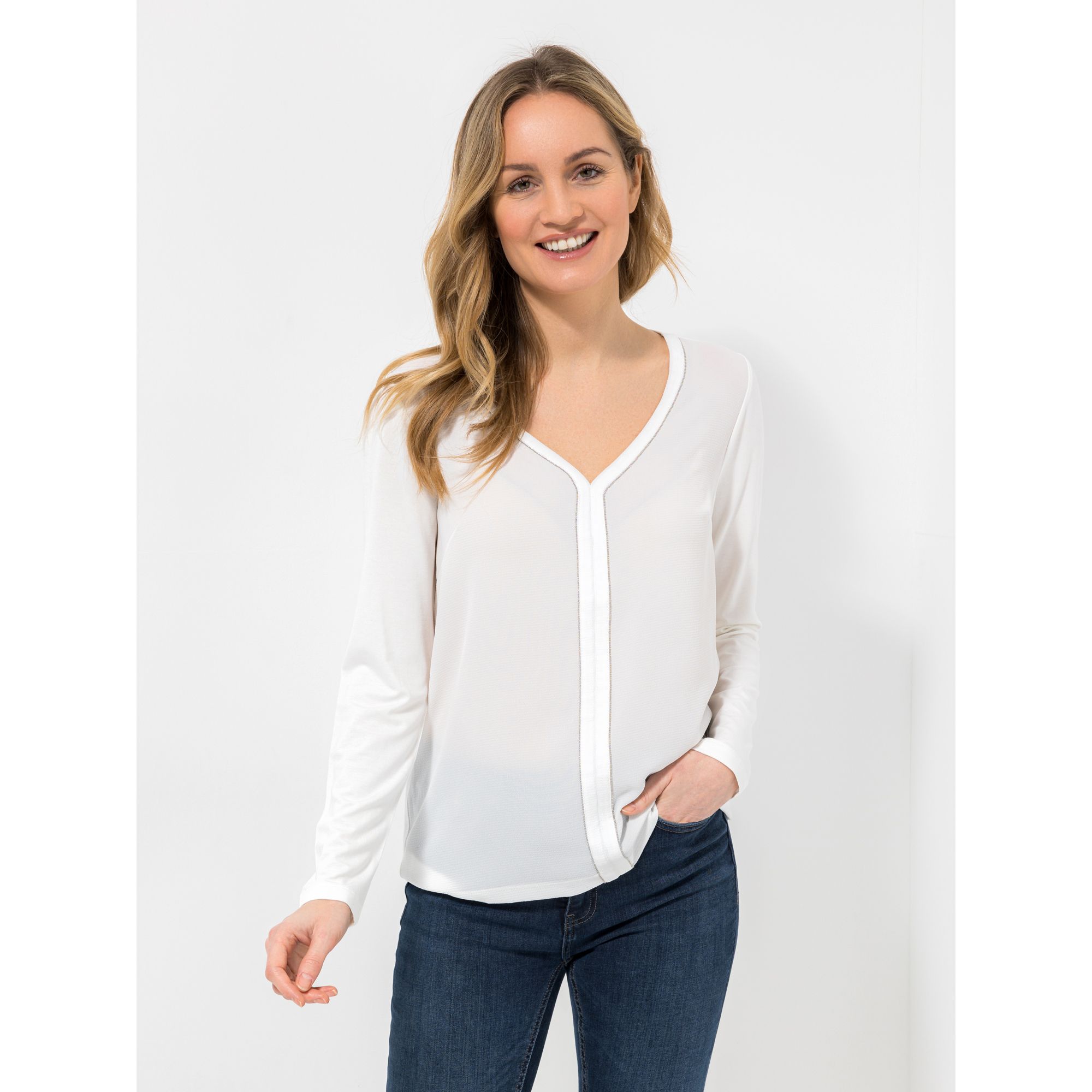 VIA MILANO Blusenshirt, 1/1-Arm V-Ausschnitt Ziernaht figurumspielend