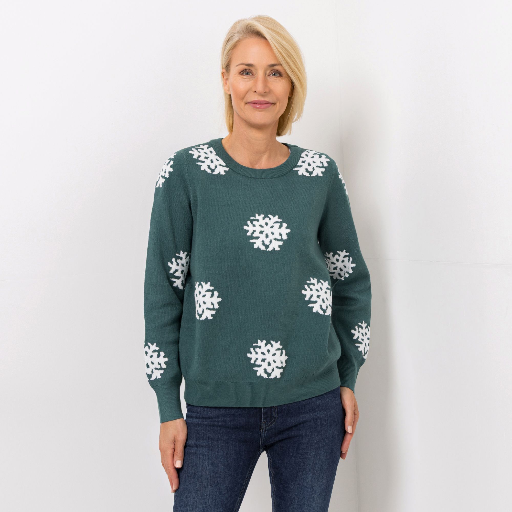 DENIM & CO. Pullover Rundhalsausschnitt Jacquard figurumspielend