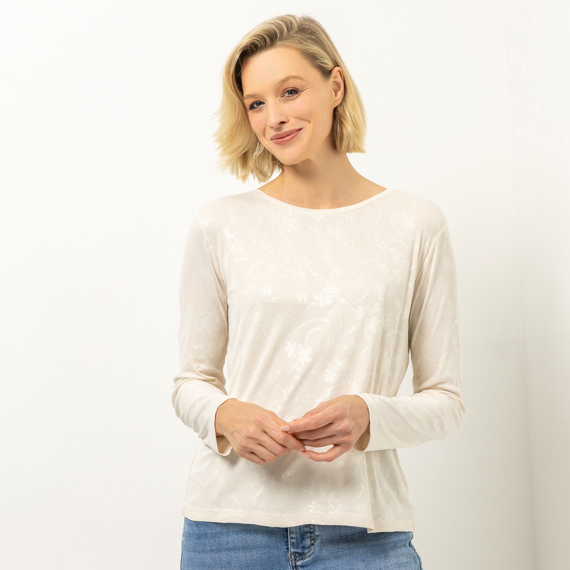 VIA MILANO Shirt, langarm Rundhalsausschnitt Jacquard figurbetont