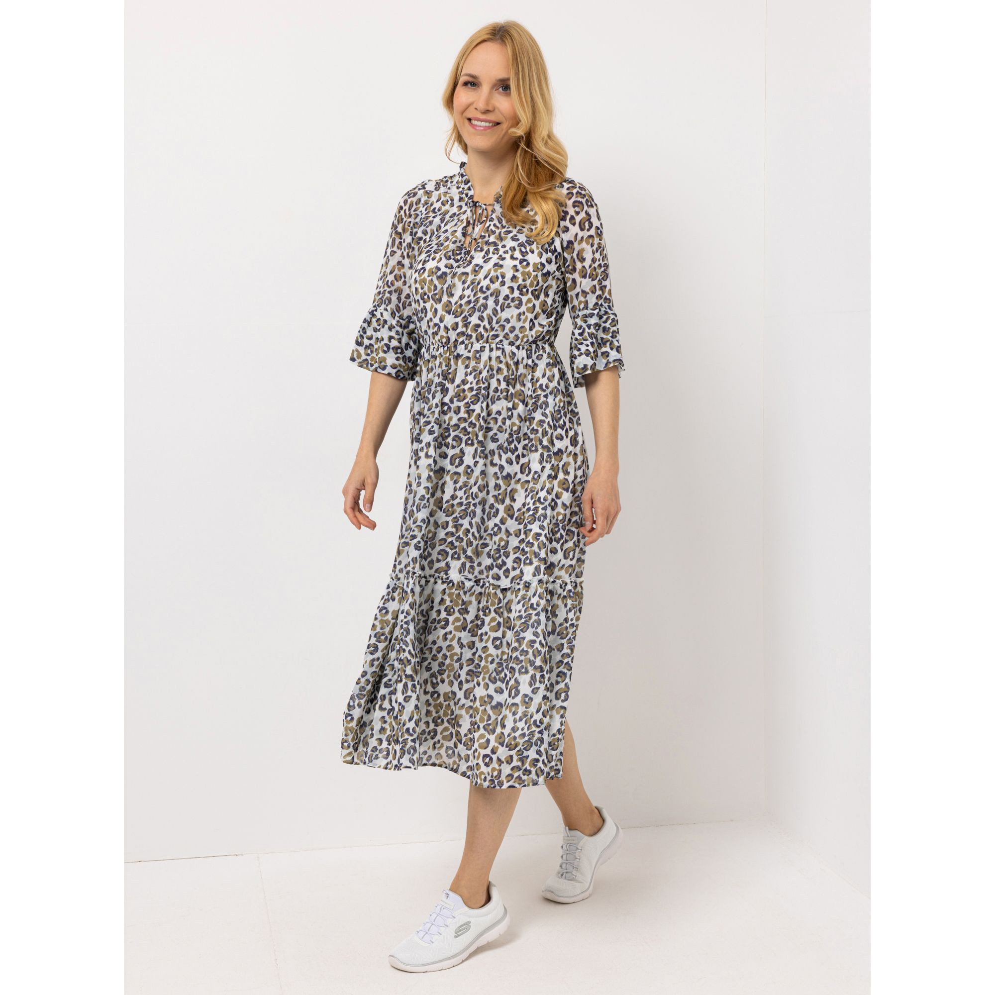 VIA MILANO Kleid, 3/4-Arm V-Ausschnitt Animalprint figurumspielend