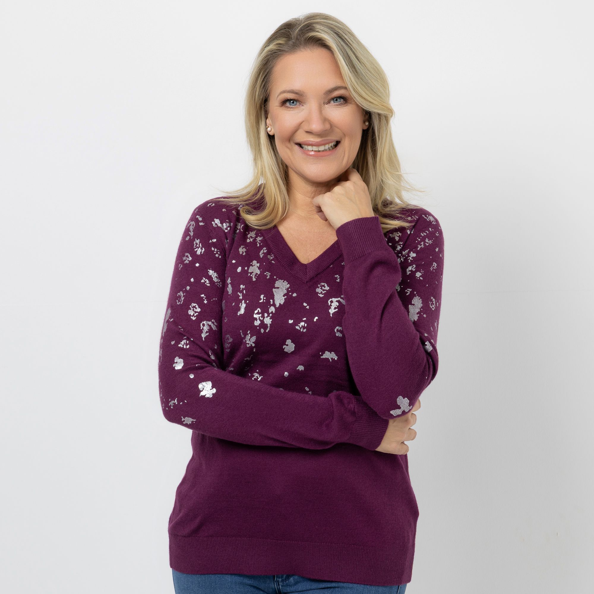 CASHMASOFT Pullover V-Ausschnitt Cashmeregriff Folien-Druck