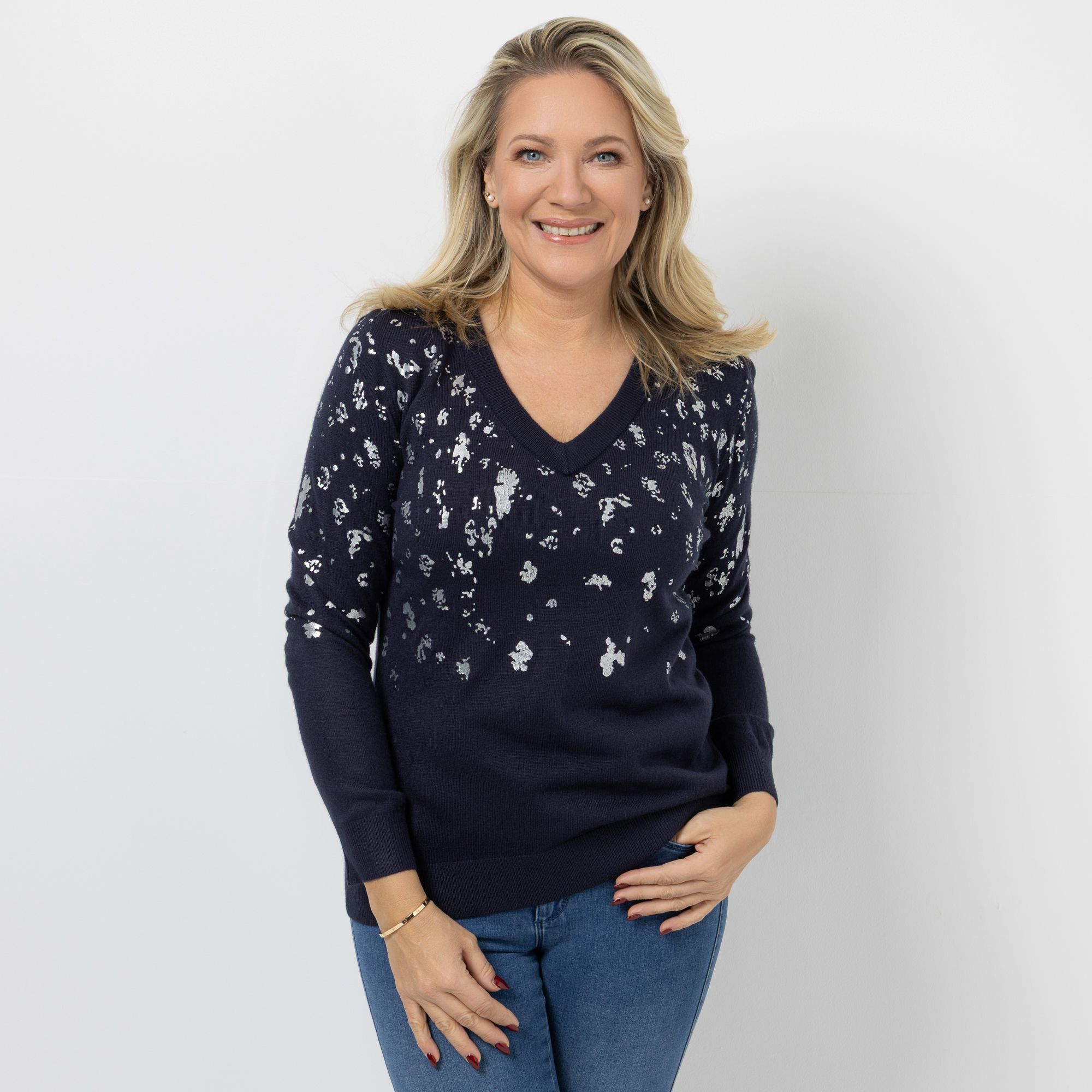 CASHMASOFT Pullover V-Ausschnitt Cashmeregriff Folien-Druck