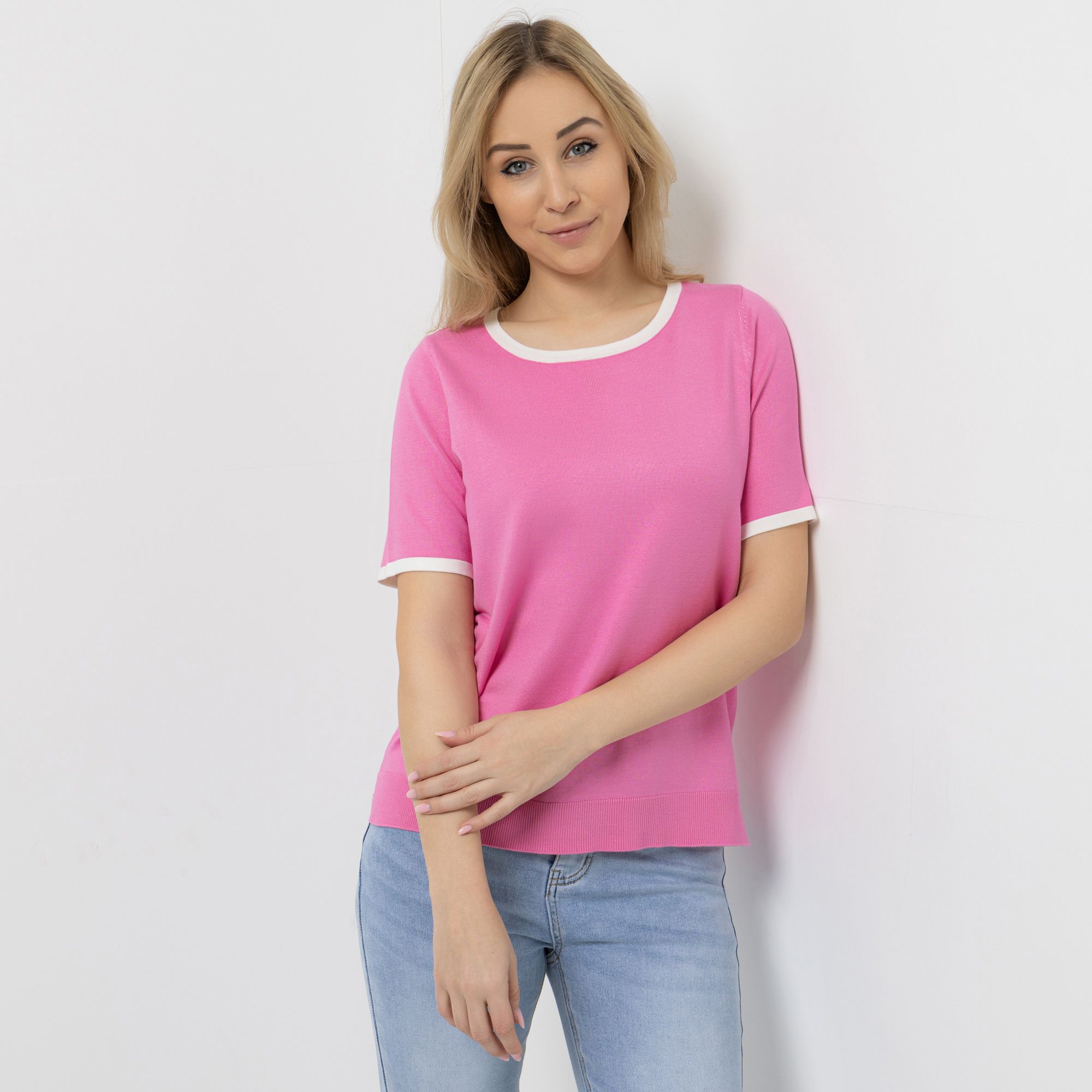 VIA MILANO Pullover, 1/2-Arm Rundhalsausschnitt Kontrast-Details figurumspielend