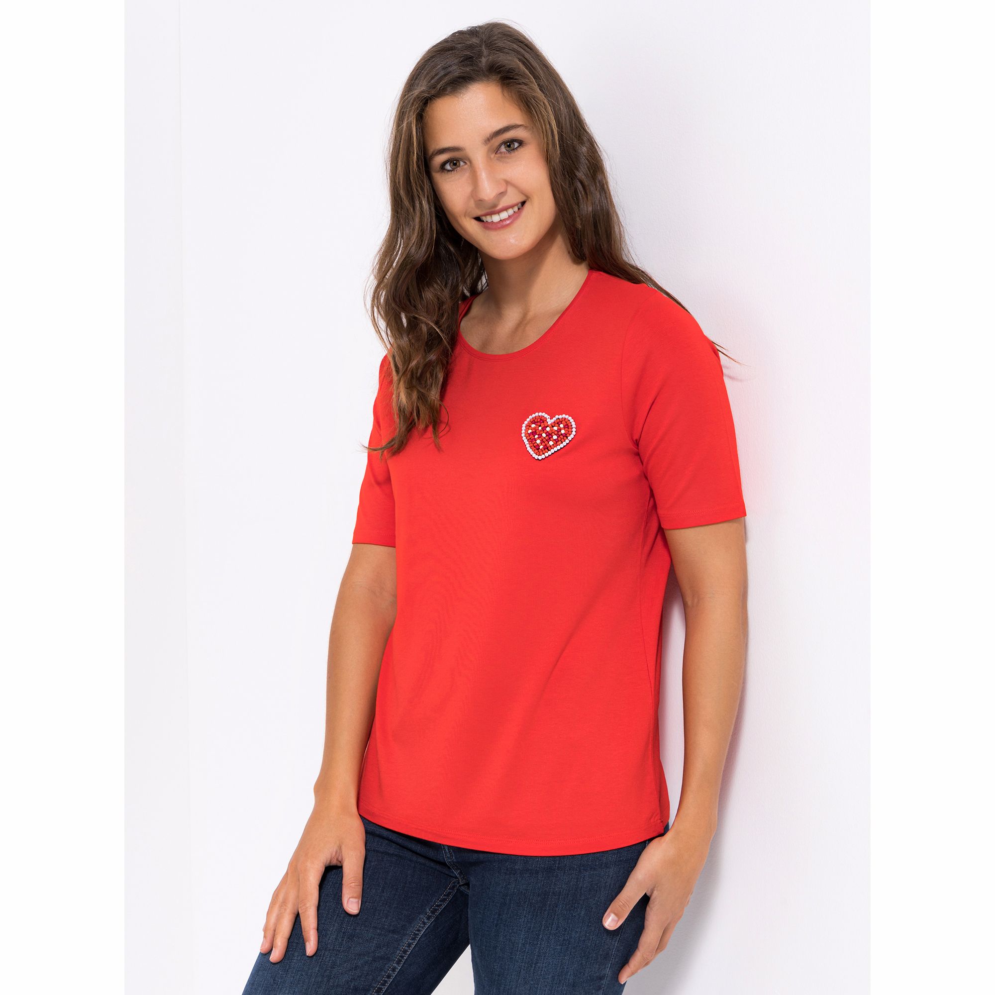 VIA MILANO Shirt, 1/2-Arm Rundhalsausschnitt Perlen Applikation figurumspielend