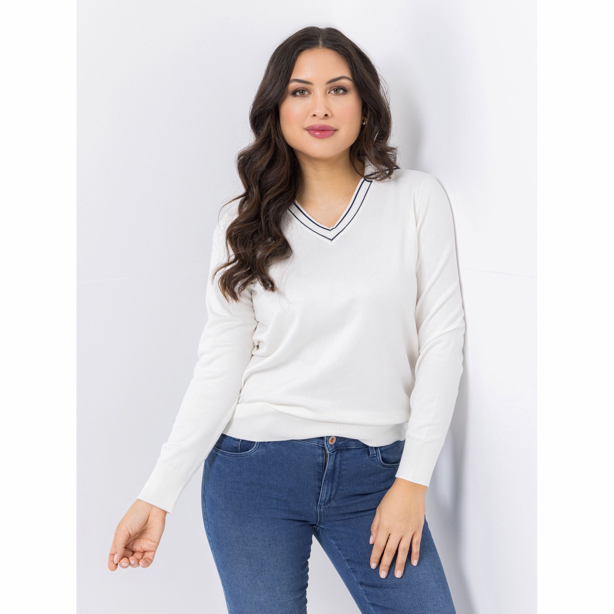 DENIM & CO. Pullover, 1/1-Arm V-Ausschnitt Polokragen Kontrast