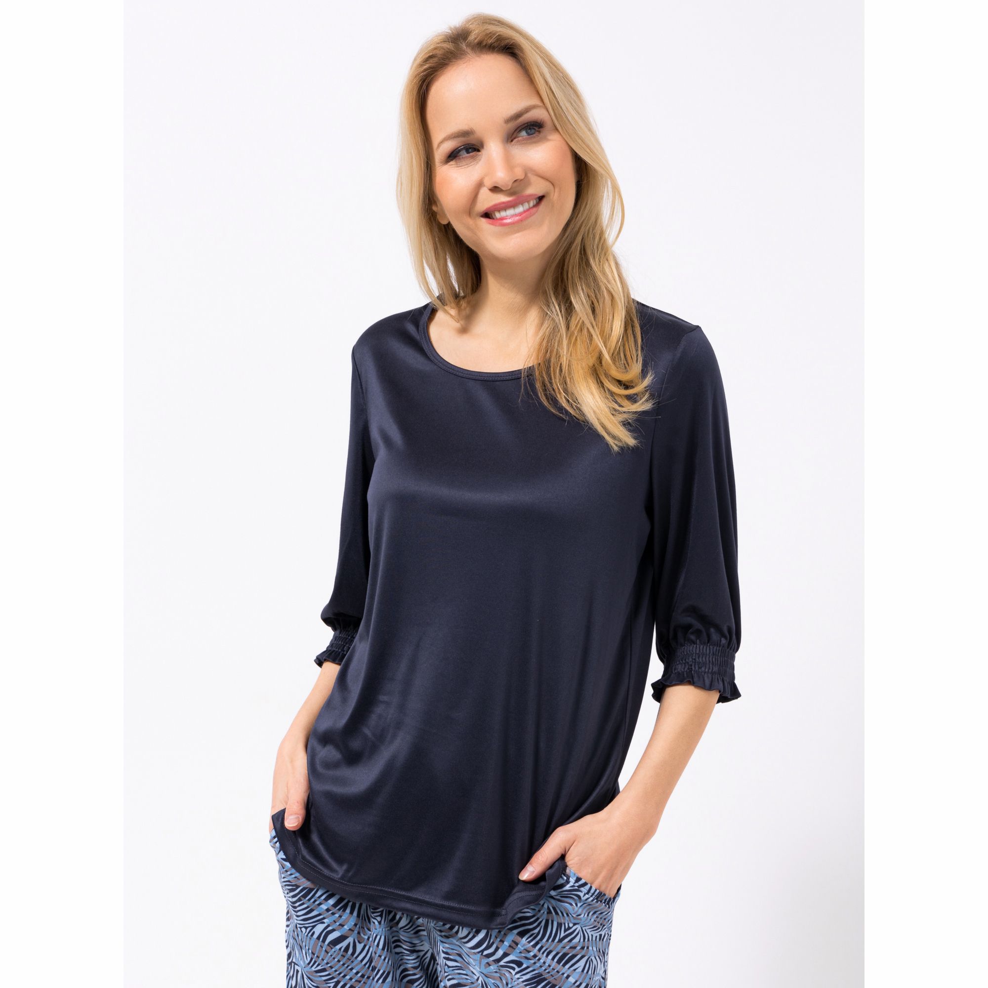 JERYMOOD HOMEWEAR Shirt, 3/4-Arm Mikrofaser Rundhalsausschnitt Smokdetails