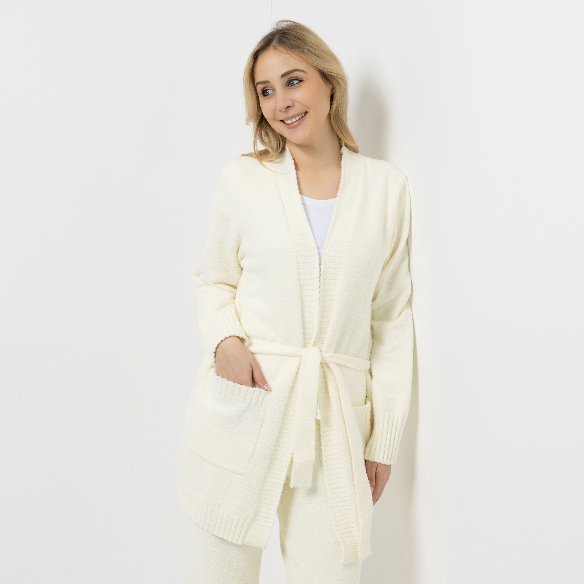 LITTLE ROSE Longcardigan, 1/1-Arm Mikrofaser Plüsch Bindegürtel