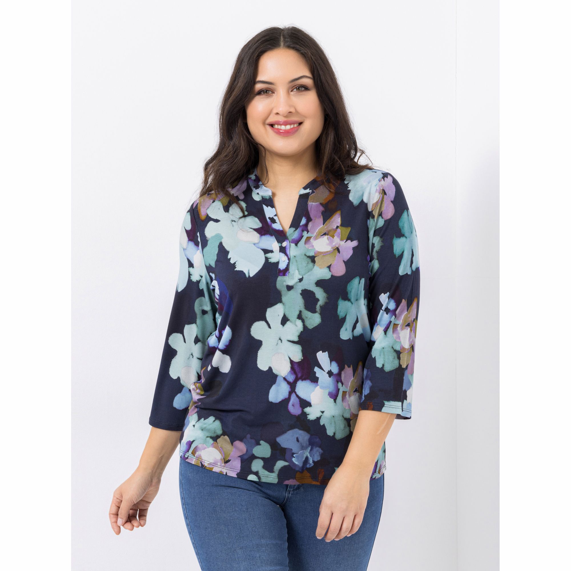 DENIM & CO. Jerseybluse 3/4-Arm Serafinoausschnitt halbe Knopfleiste