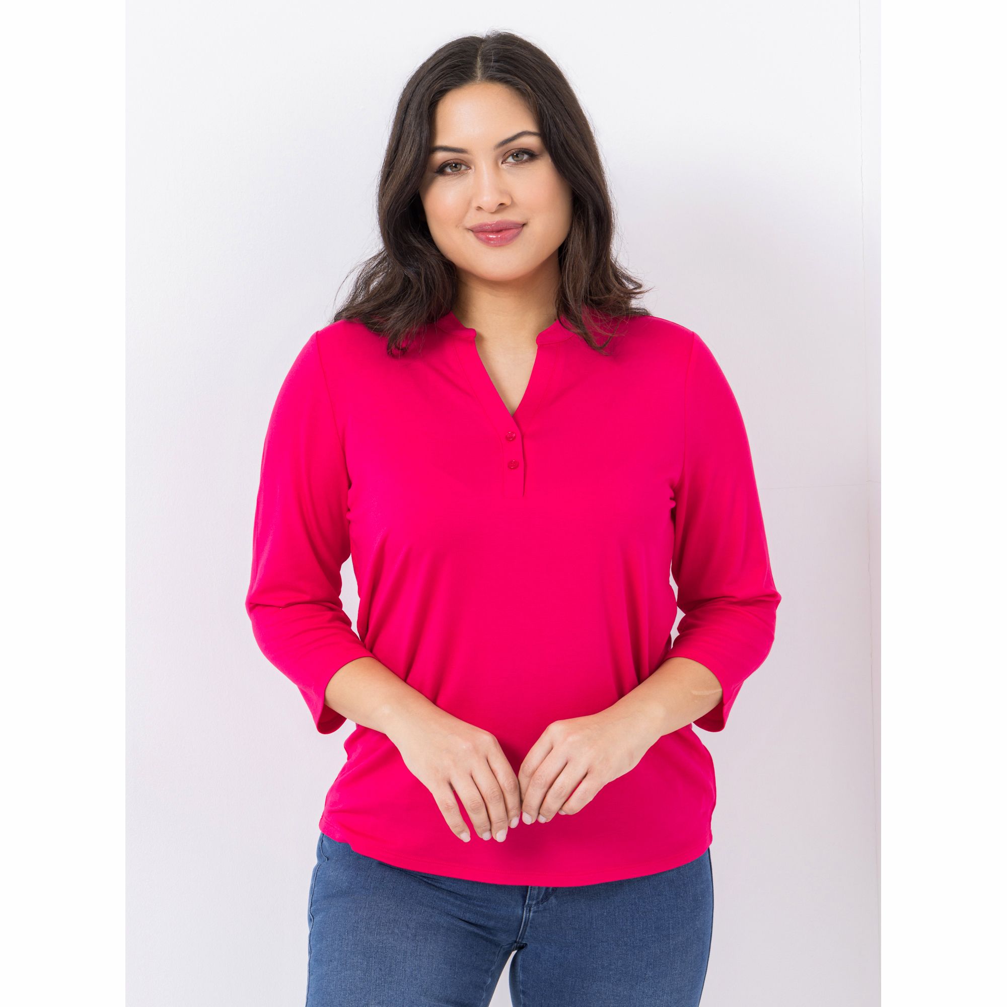 DENIM & CO. Jerseybluse 3/4-Arm Serafinoausschnitt halbe Knopfleiste