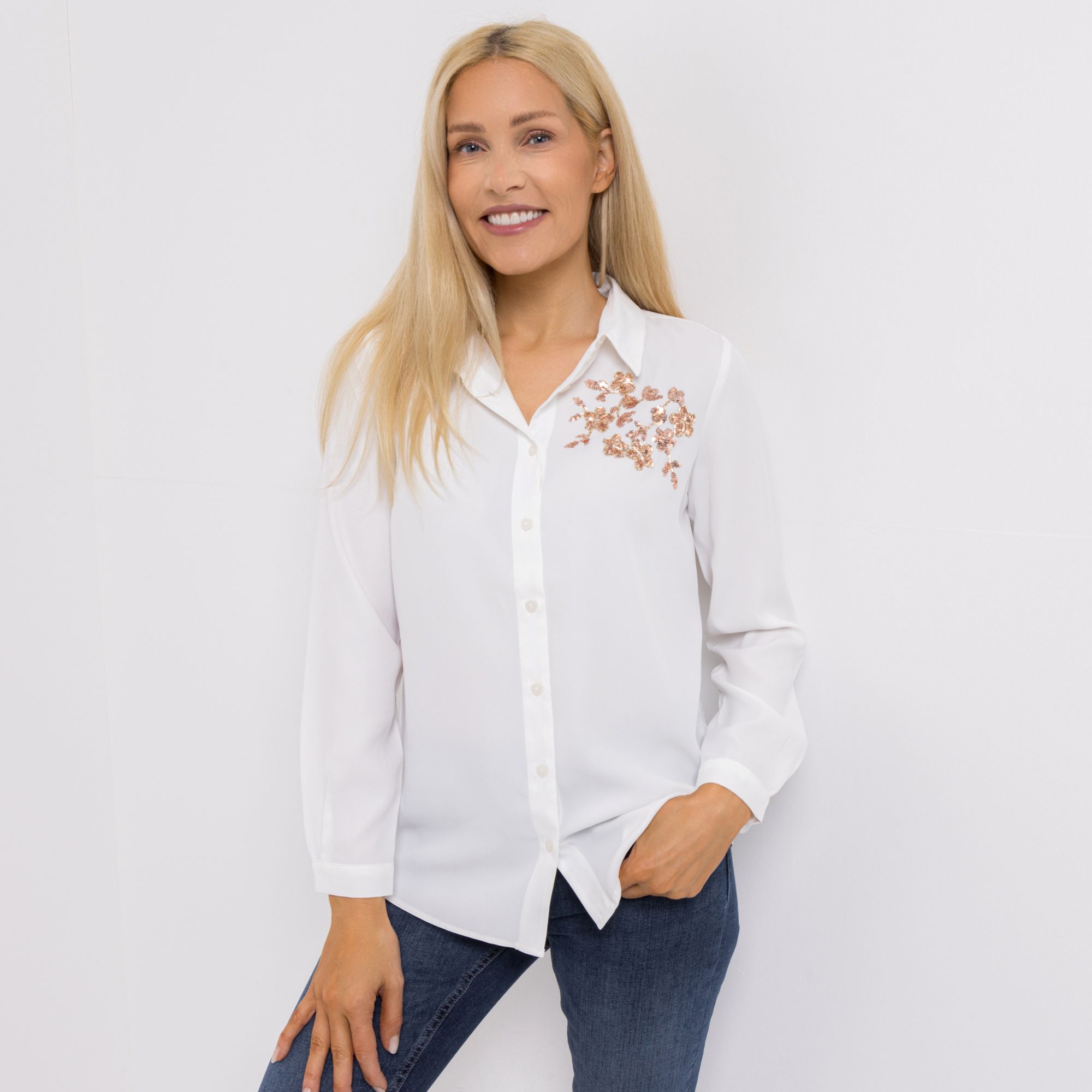 VIA MILANO Bluse, 1/1-Arm Hemdkragen Pailletten-Details figurumspielend