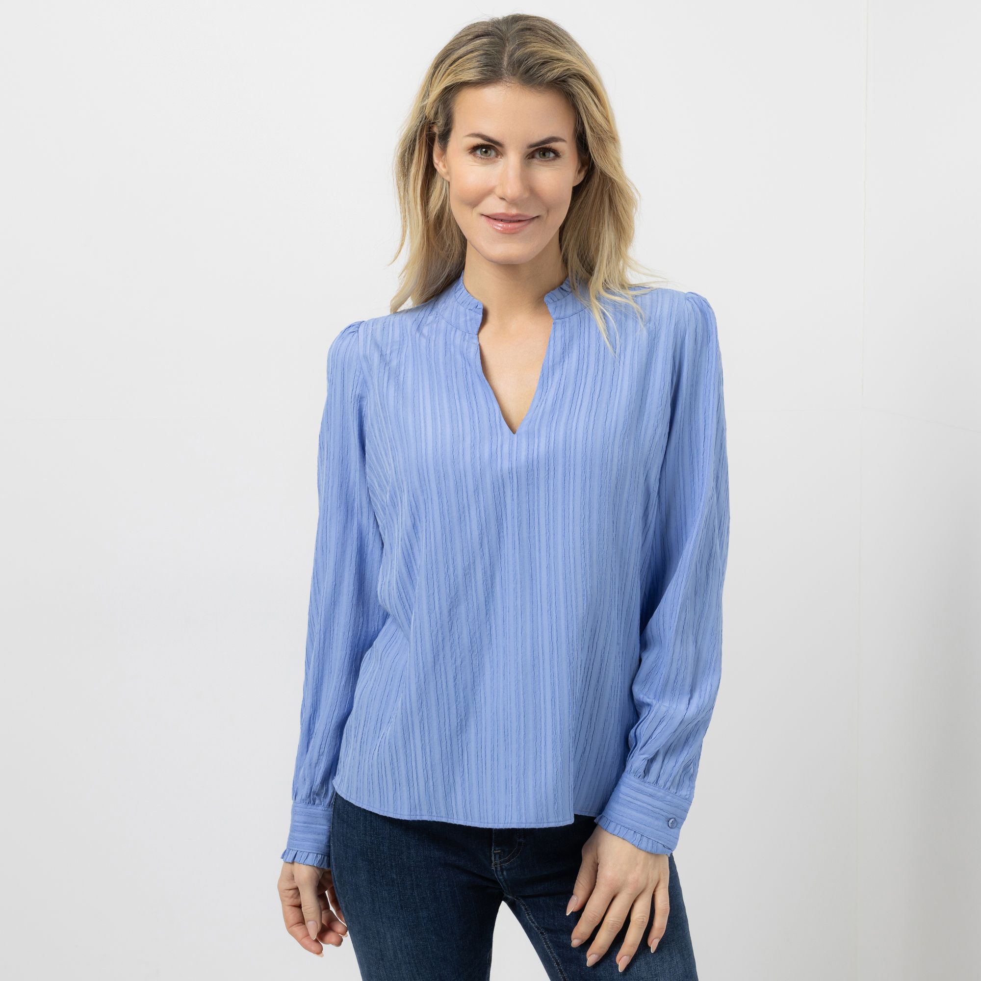 VIA MILANO Bluse, 1/1-Arm V-Ausschnitt mit Stehkragen figurumspielend