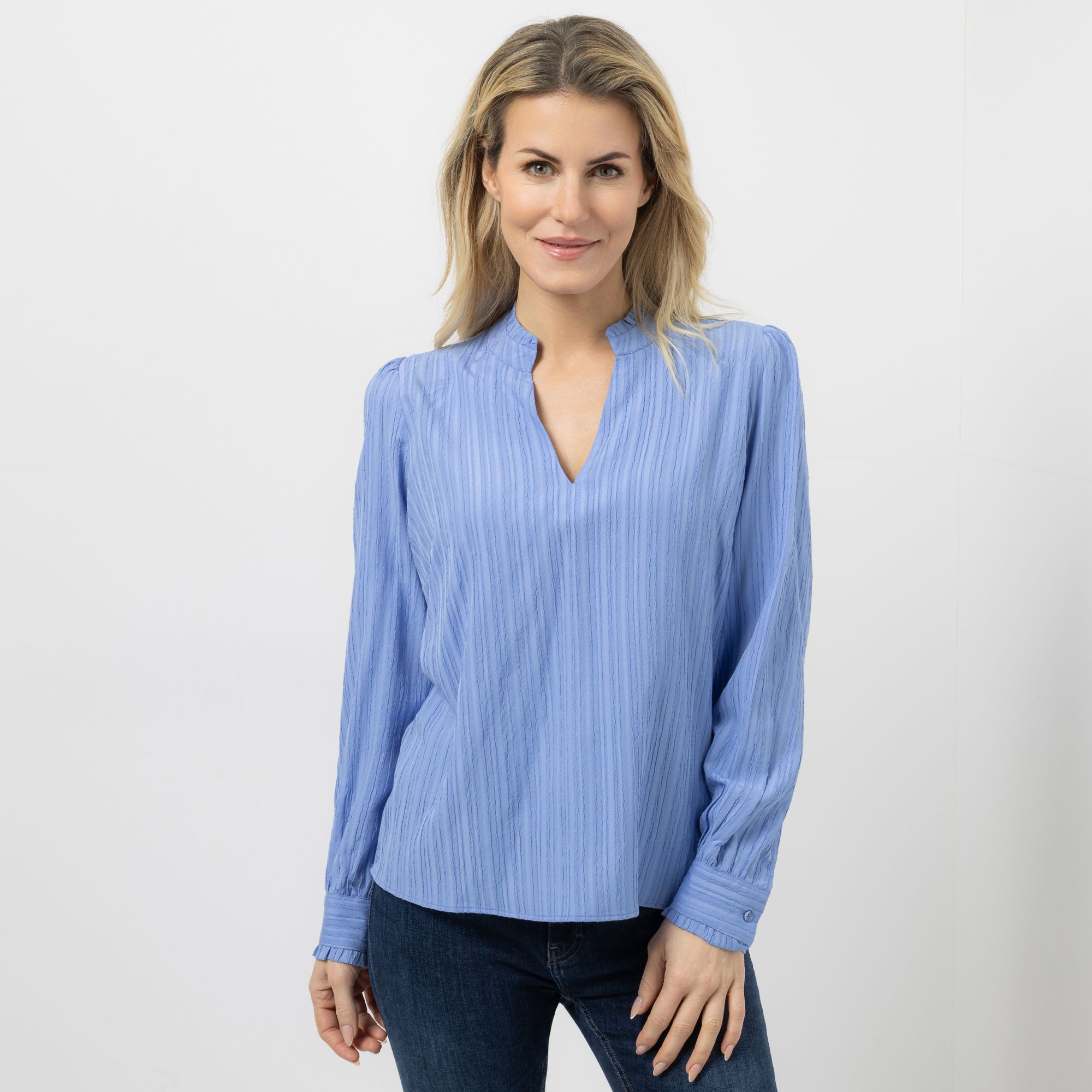 VIA MILANO Bluse, 1/1-Arm V-Ausschnitt mit Stehkragen figurumspielend