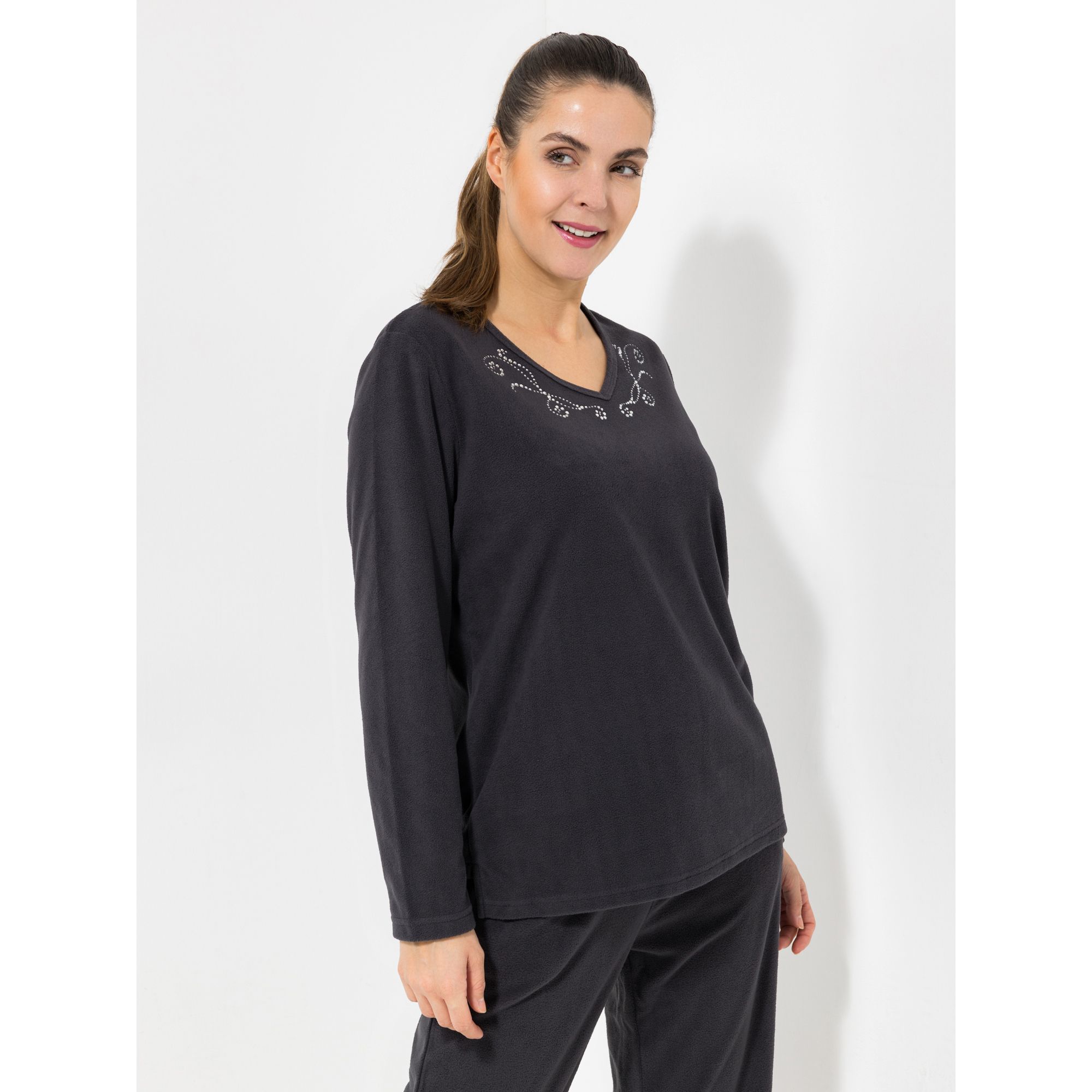 POLARSTERN HOMEWEAR Shirt Flanell Fleece 1/1-Arm Strass-Detail