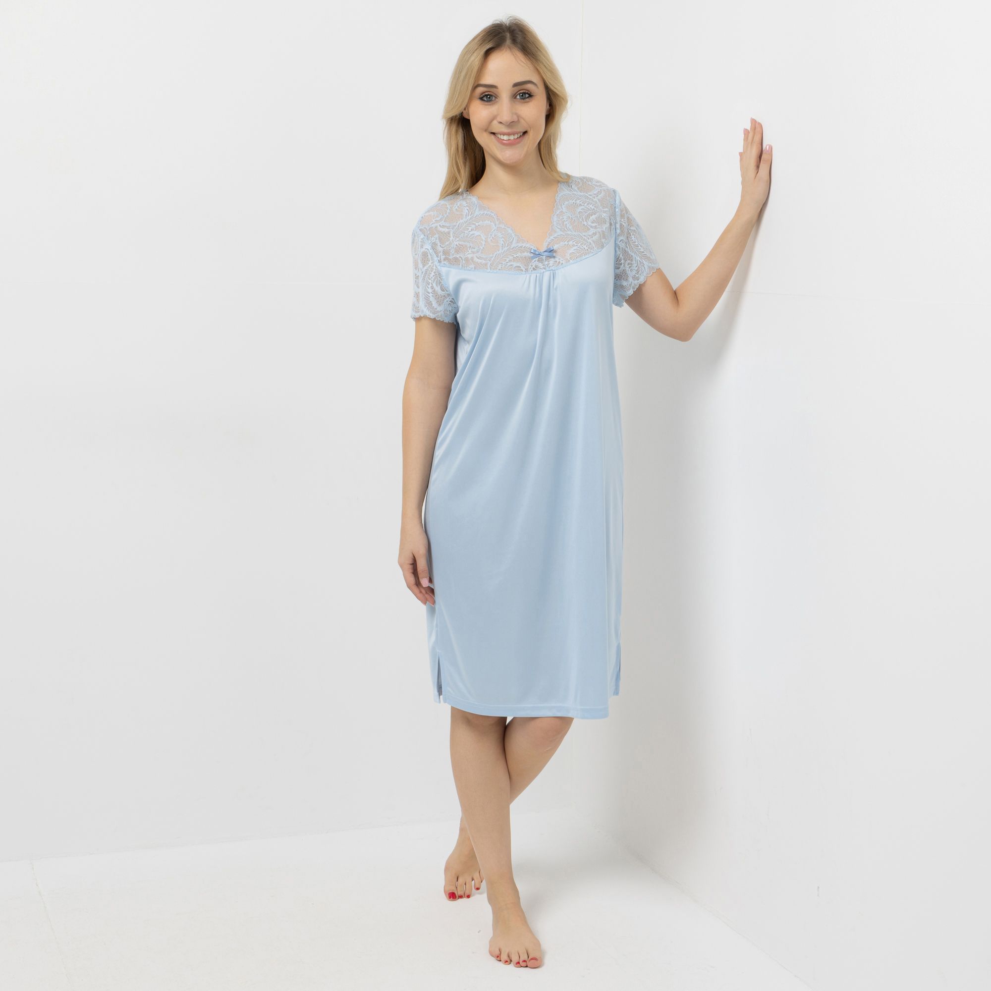 LITTLE ROSE Nachthemd, 1/2-Arm Mikrofaser V-Ausschnitt Spitzendetails