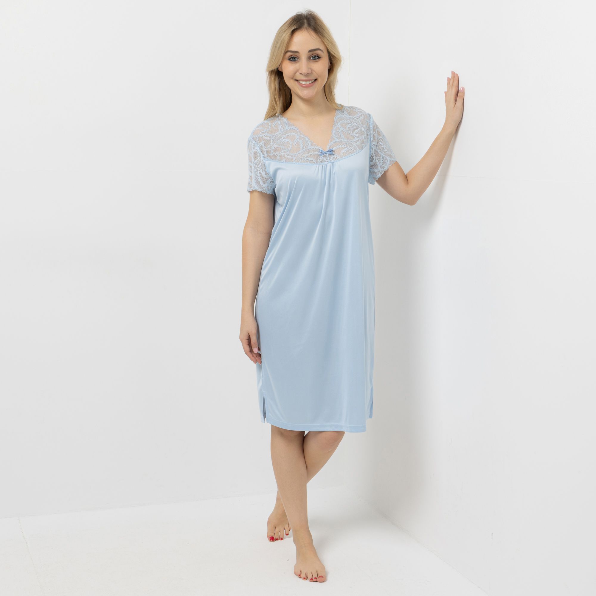 LITTLE ROSE Nachthemd, 1/2-Arm Mikrofaser V-Ausschnitt Spitzendetails