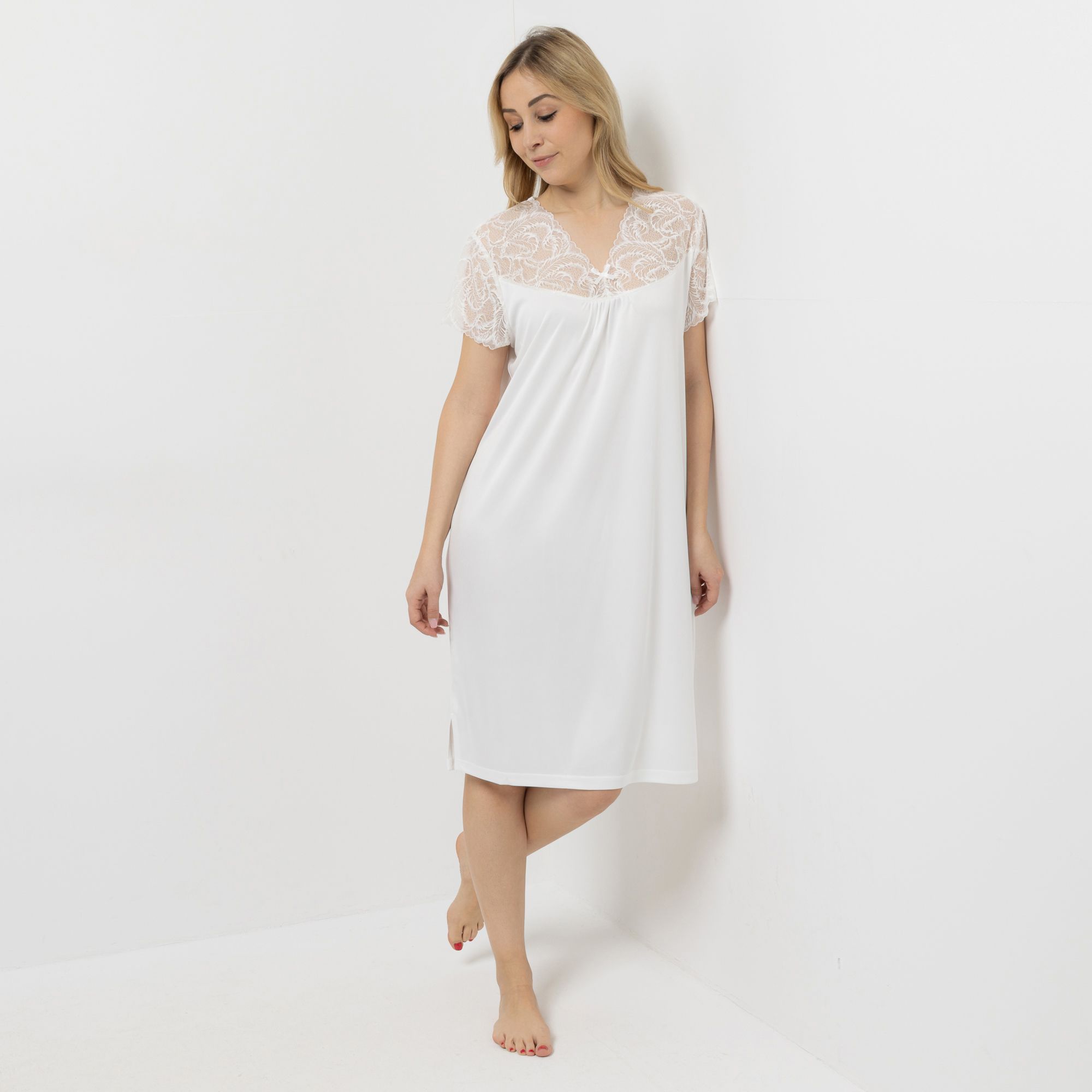 LITTLE ROSE Nachthemd, 1/2-Arm Mikrofaser V-Ausschnitt Spitzendetails
