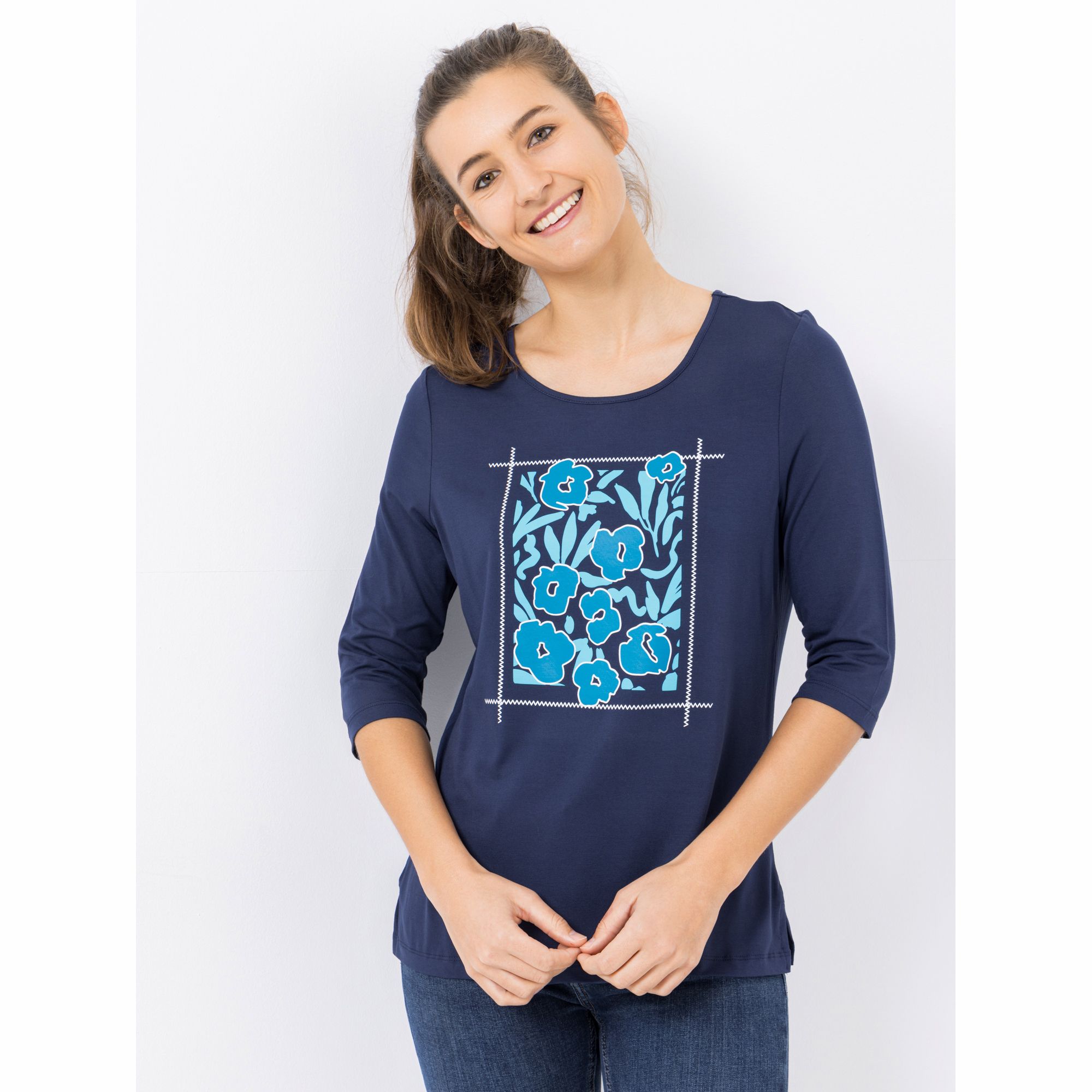 DENIM & CO. Shirt, 3/4-Arm Rundhalsausschnitt figurumspielend mit ECOVERO Viskose