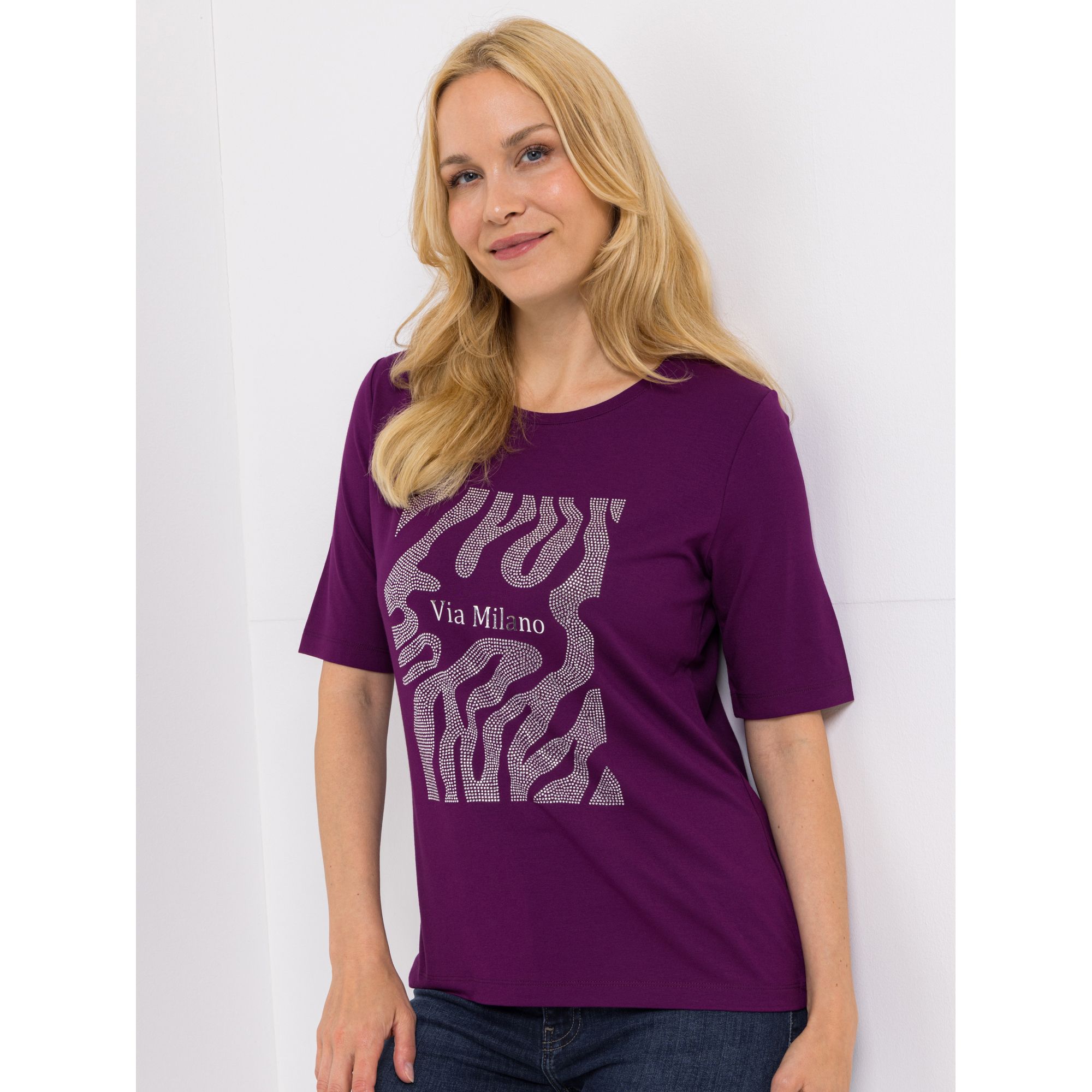 VIA MILANO Shirt, langer 1/2-Arm Rundhalsausschnitt Strass-Details figurumspielend