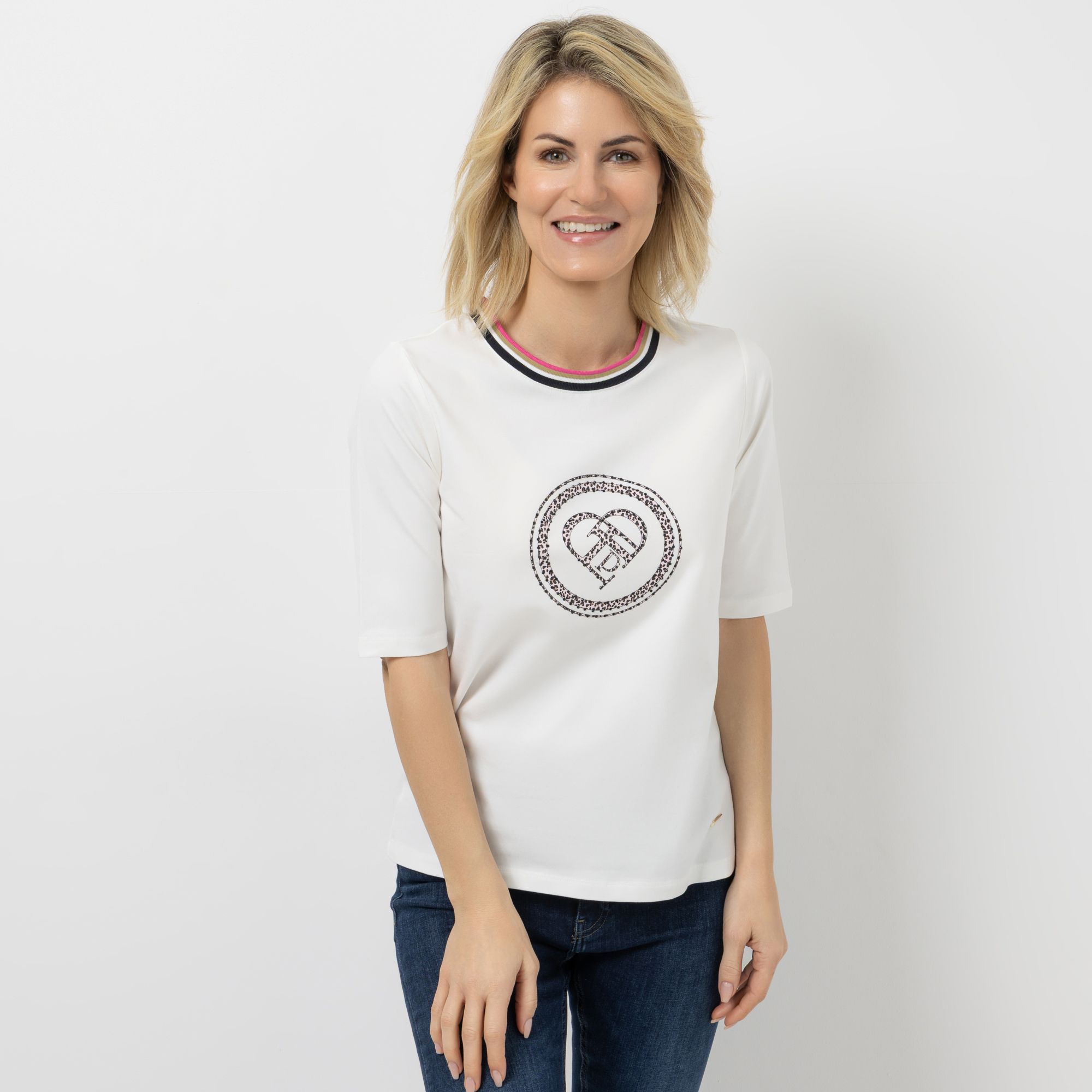 AMINATI® Shirt, langer 1/2-Arm Rundhalsausschnitt platzierter Druck Strass-Details