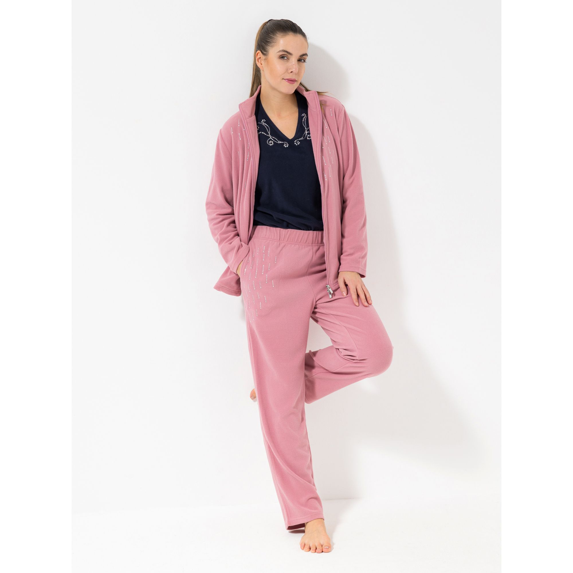 POLARSTERN HOMEWEAR Jacke Flanell-Fleece 2-Wege-Reißverschluss Strass-Detail