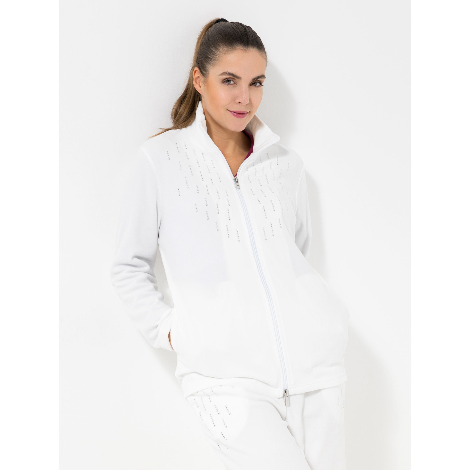 POLARSTERN HOMEWEAR Jacke Flanell-Fleece 2-Wege-Reißverschluss Strass-Detail