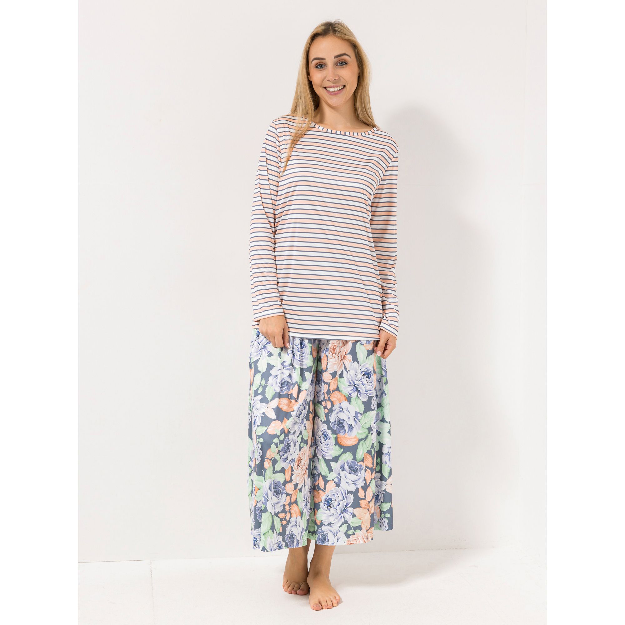 LITTLE ROSE Pyjama, 7/8-Länge Mikrofaser U-Boot-Ausschnitt Druck-Mix