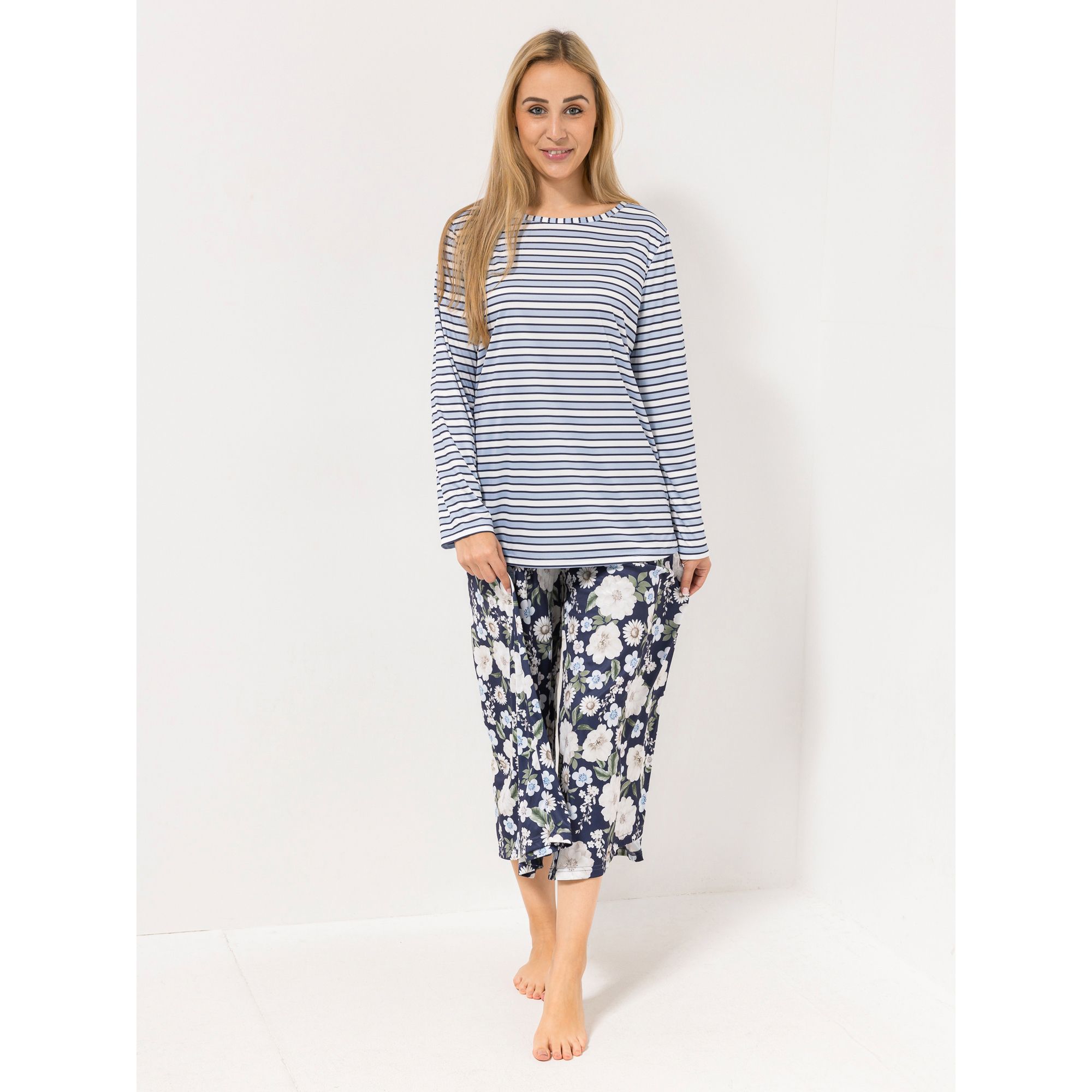 LITTLE ROSE Pyjama, 7/8-Länge Mikrofaser U-Boot-Ausschnitt Druck-Mix