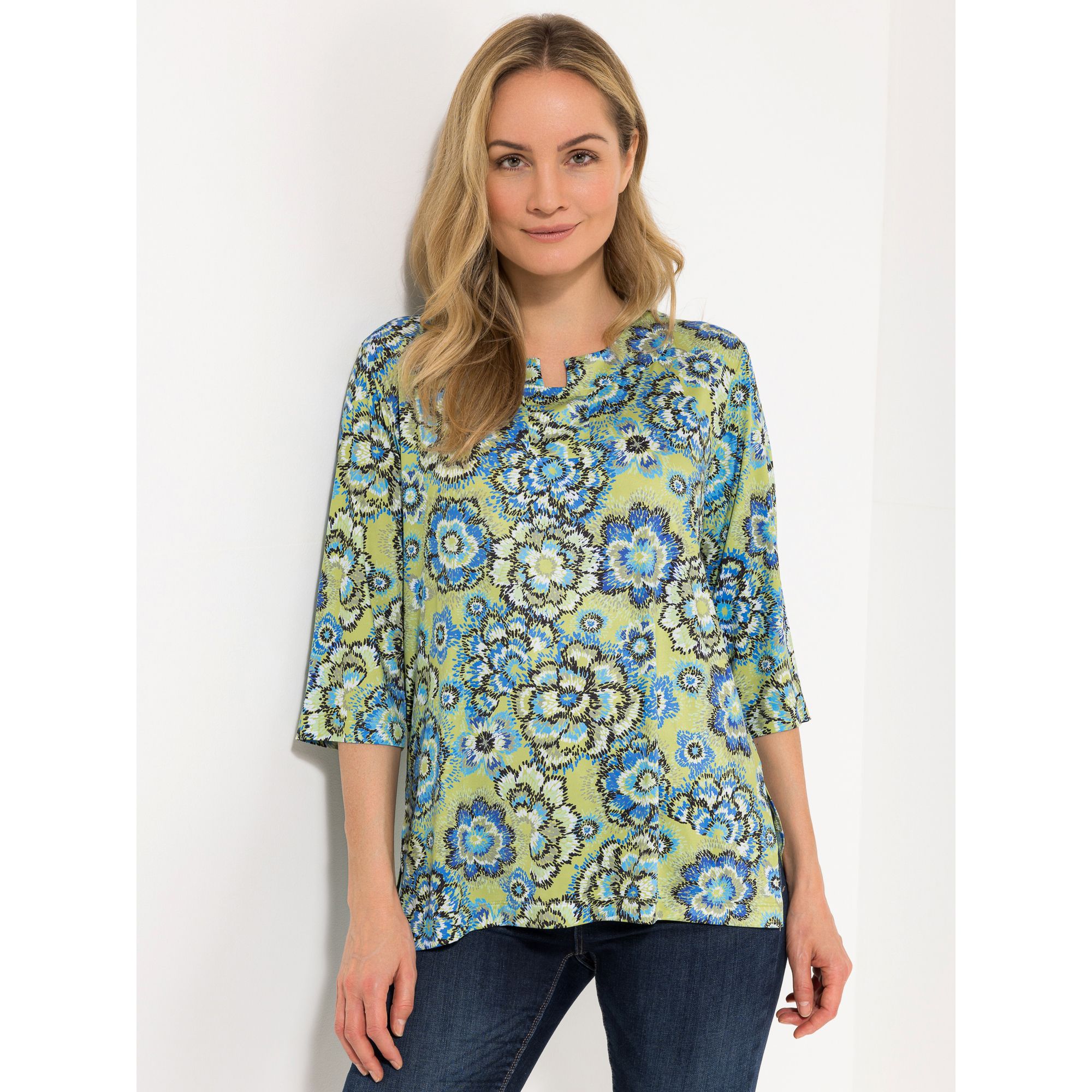 IN-PRINT Shirt, 3/4-Arm Serafino-Ausschnitt Seitenschlitze Blumendruck