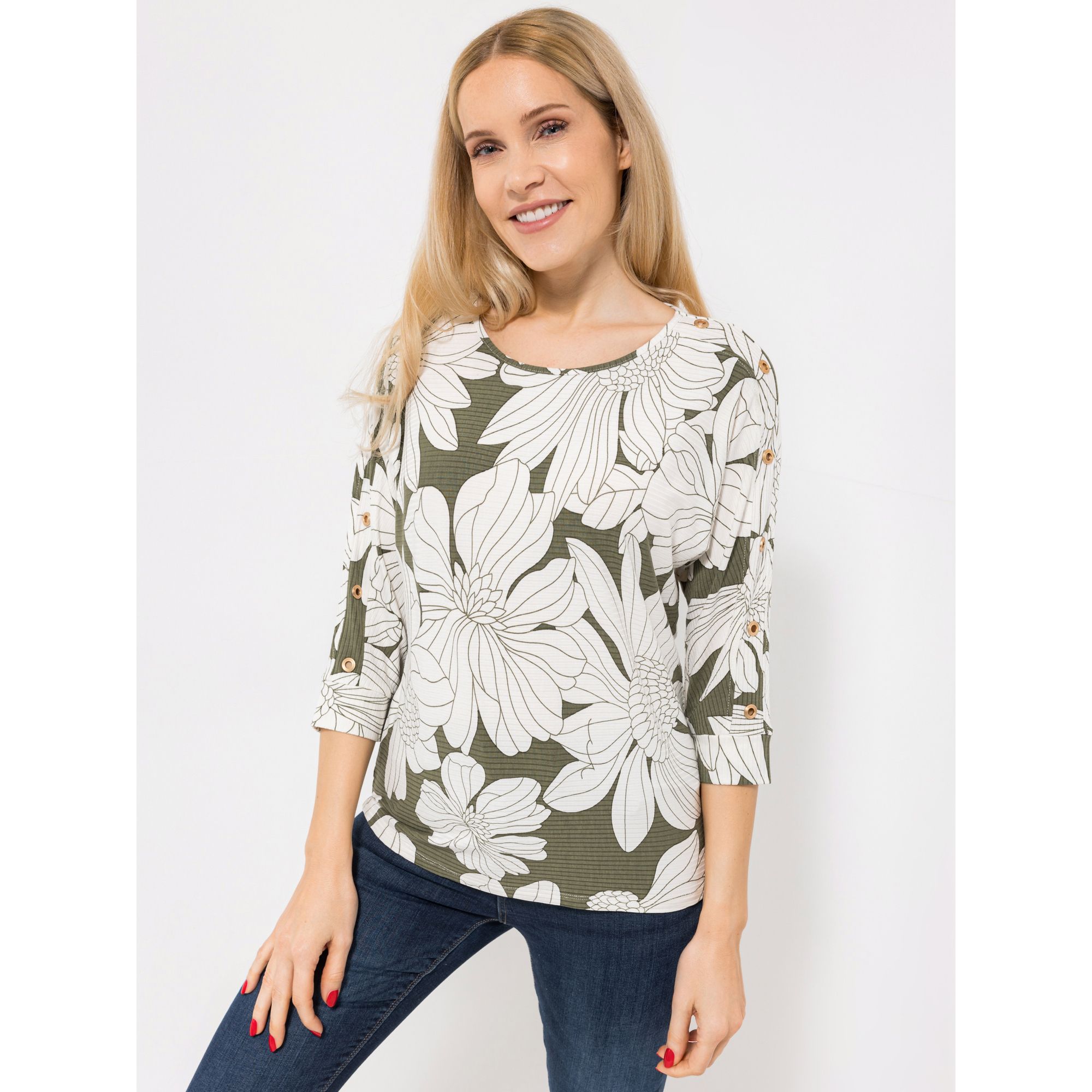 DENIM & CO. Shirt, 3/4-Arm Rundhalsausschnitt Blütendruck figurumspielend