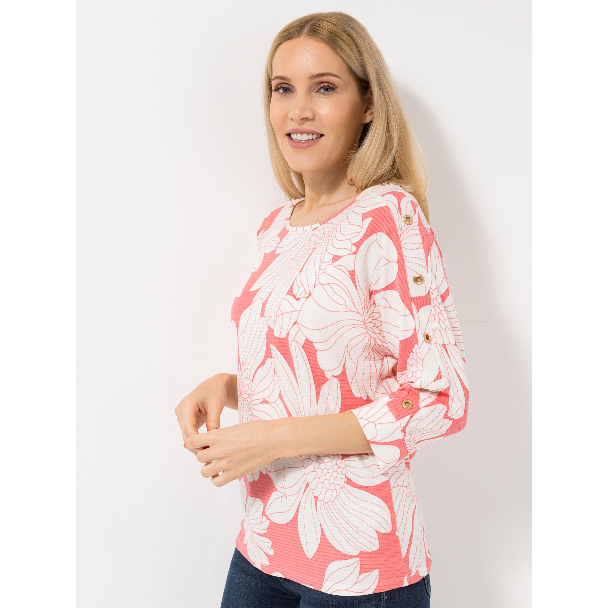 DENIM & CO. Shirt, 3/4-Arm Rundhalsausschnitt Blütendruck figurumspielend