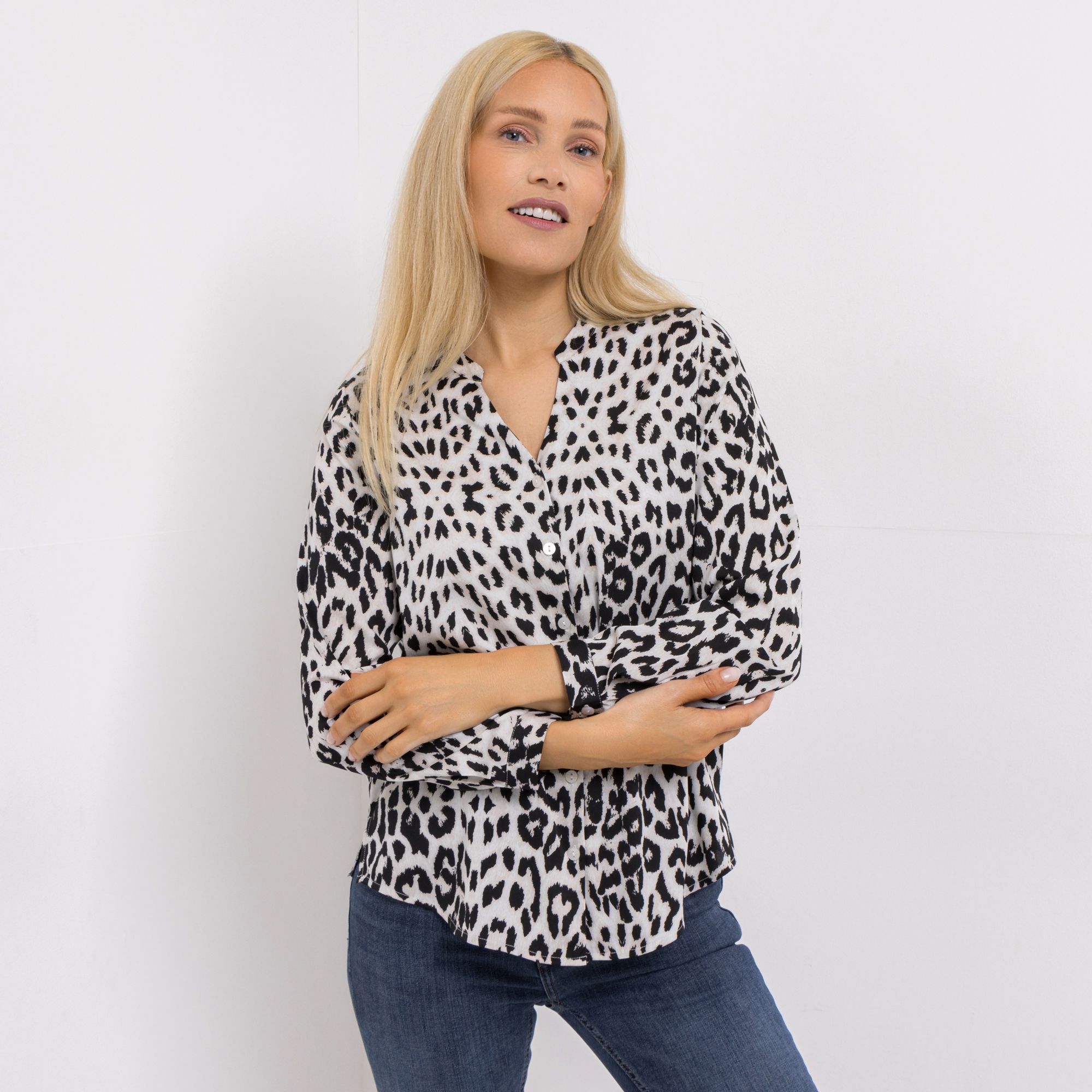 VIA MILANO Bluse, 1/1-Arm Serafino-Kragen Allover-Print figurumspielend