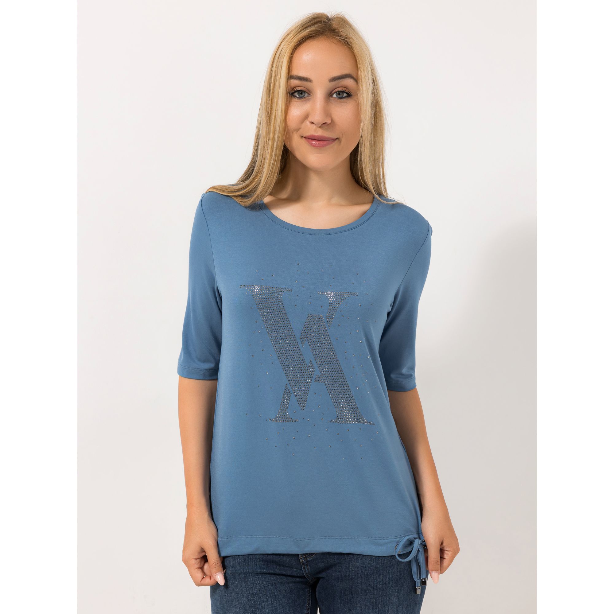 VIA MILANO Shirt, langer Halbarm Bindeband am Saum Logo-Detail figurumspielend