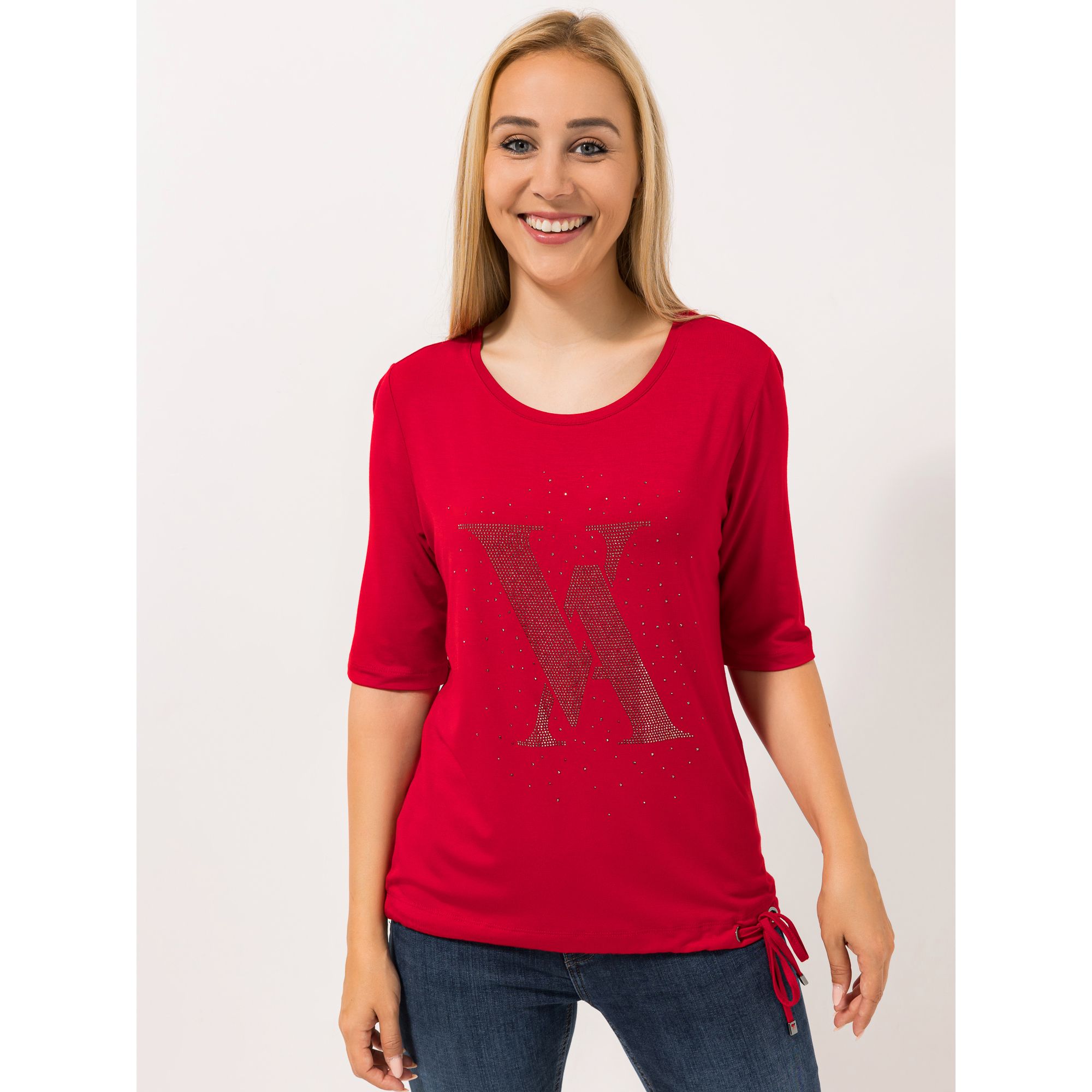 VIA MILANO Shirt, langer Halbarm Bindeband am Saum Logo-Detail figurumspielend