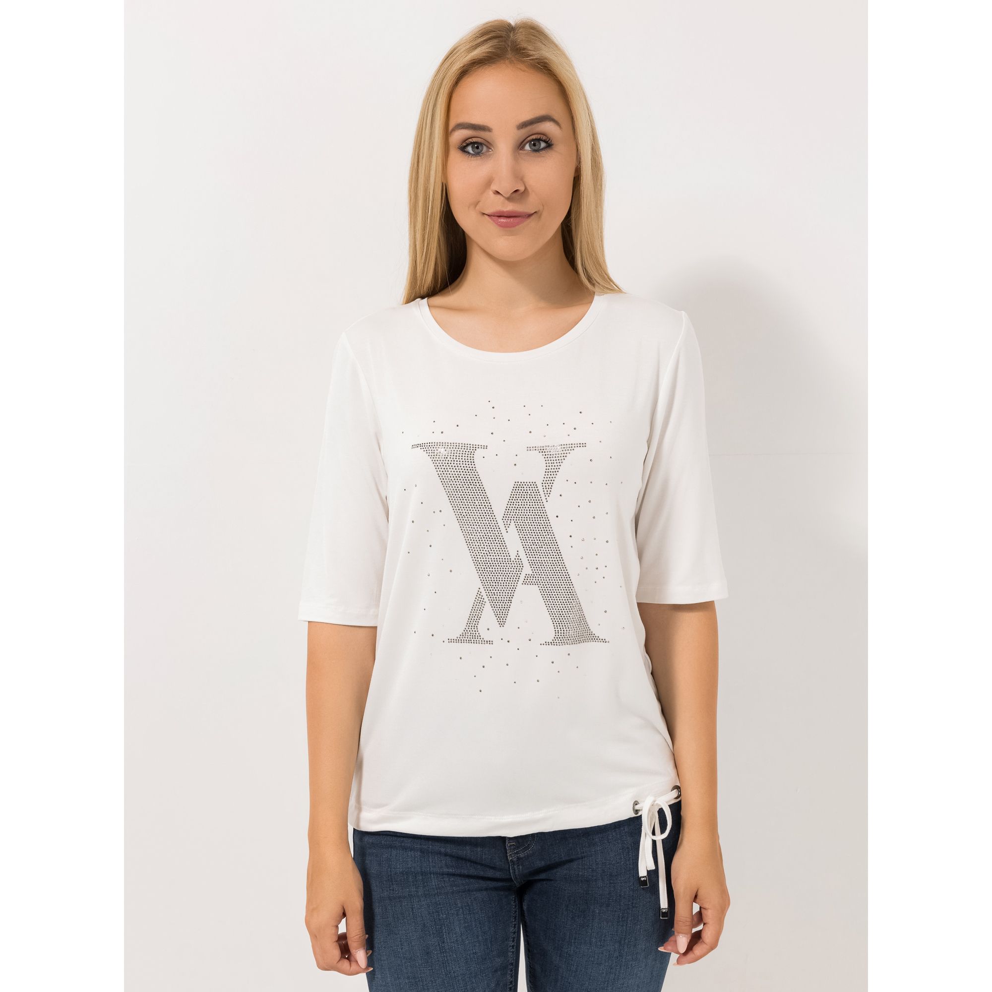 VIA MILANO Shirt, langer Halbarm Bindeband am Saum Logo-Detail figurumspielend