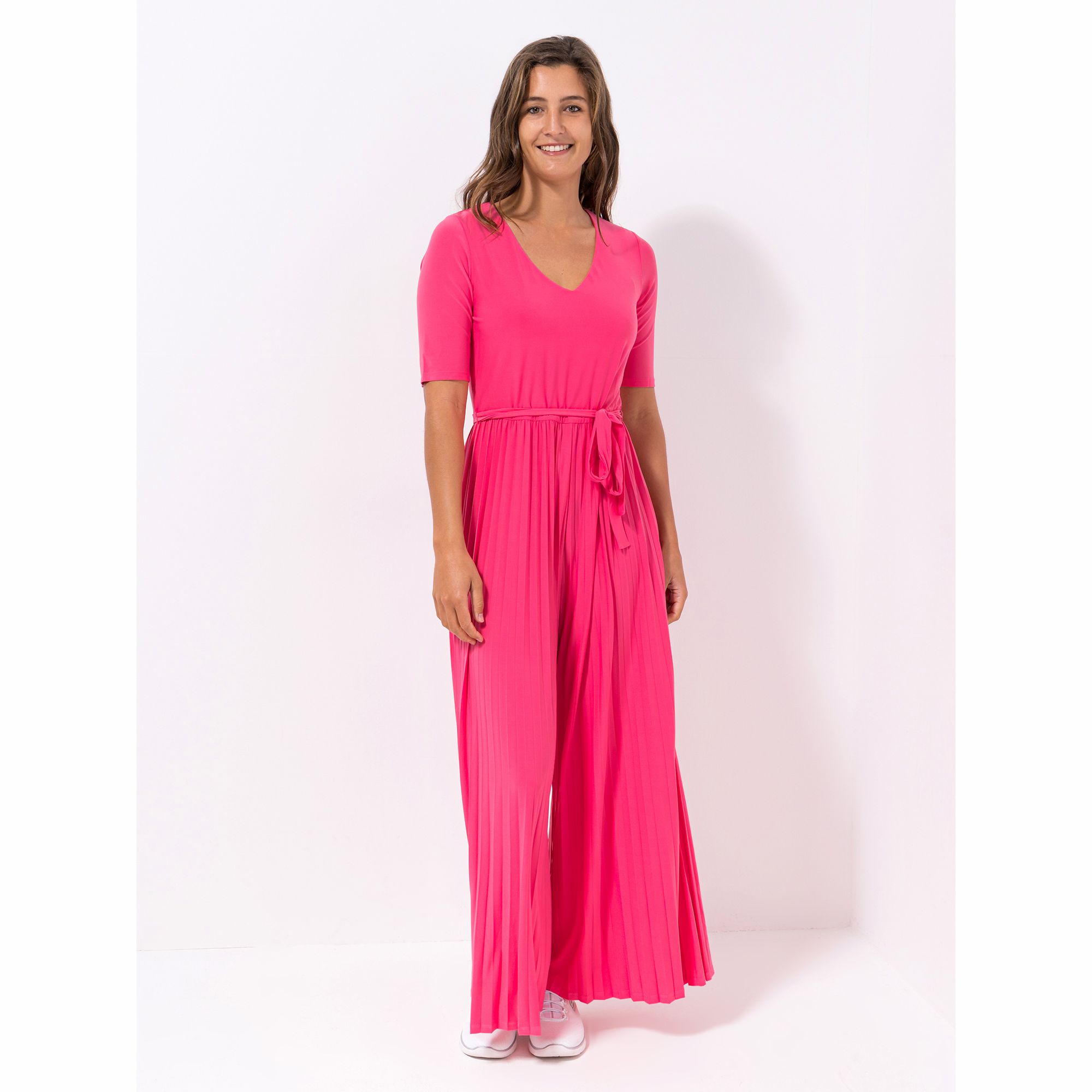 VIA MILANO Jumpsuit, langer 1/2-Arm V-Ausschnitt plissierte Beine