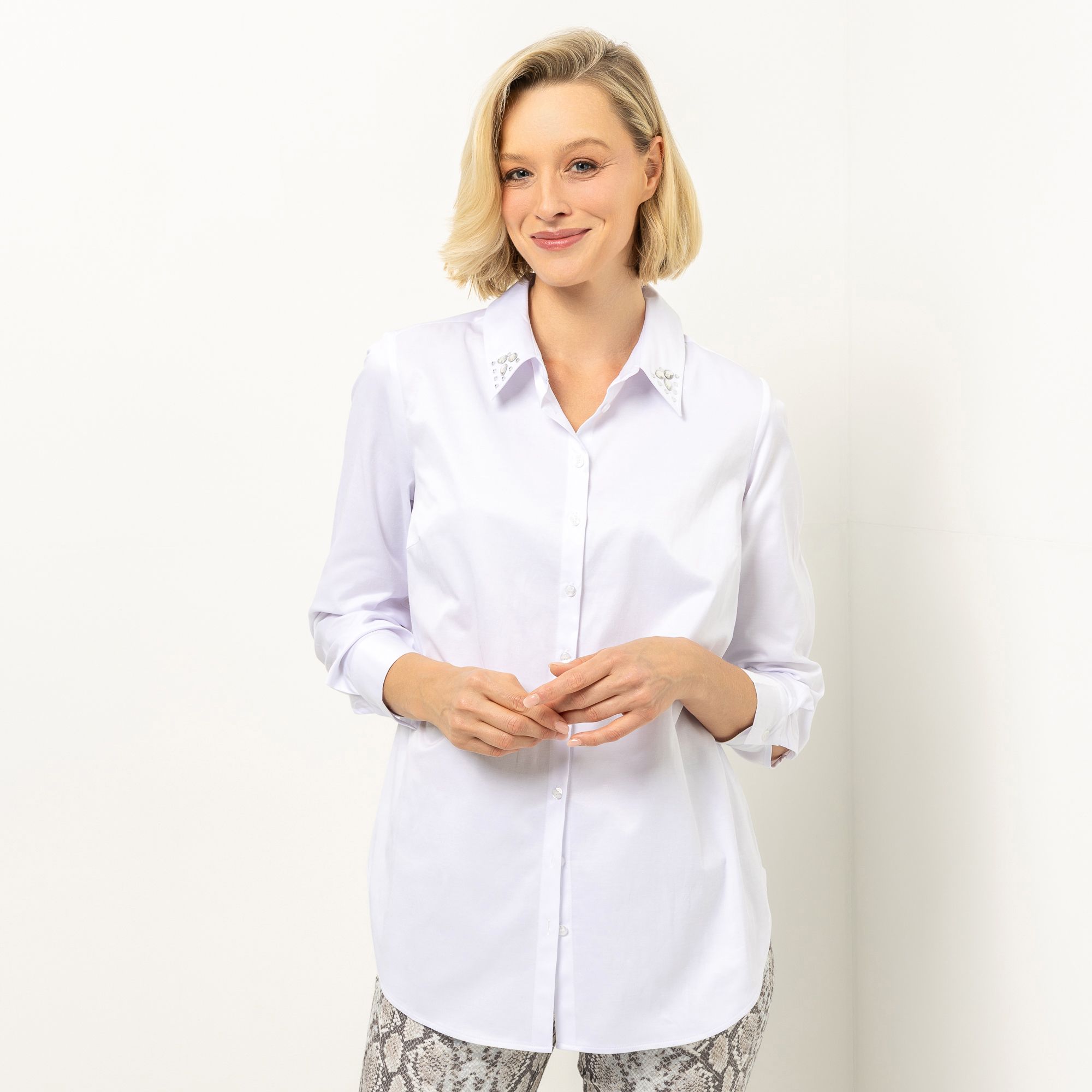 VIA MILANO Bluse Hemdkragen mit Dekosteinen leger weit