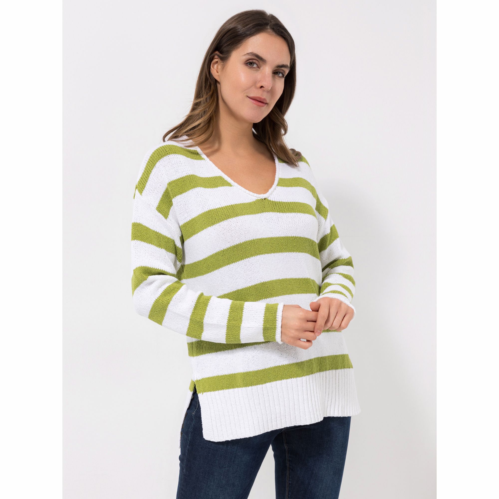 BASLER® Pullover, 1/1-Arm V-Ausschnitt gestreift Rollkante