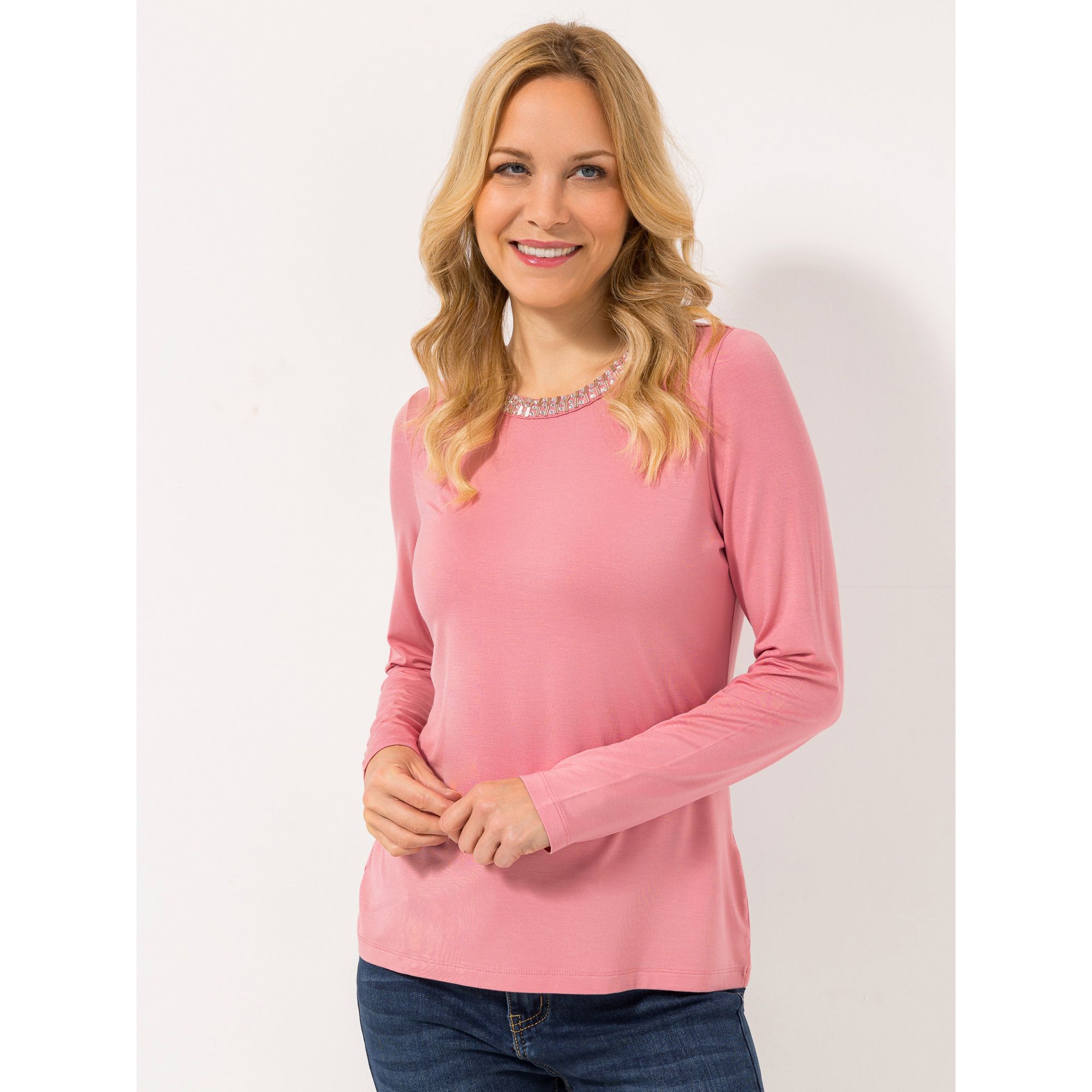 VIA MILANO Shirt, 1/1-Arm Rundhalsausschnitt mit Ziersteinen mit ECOVERO Viskose