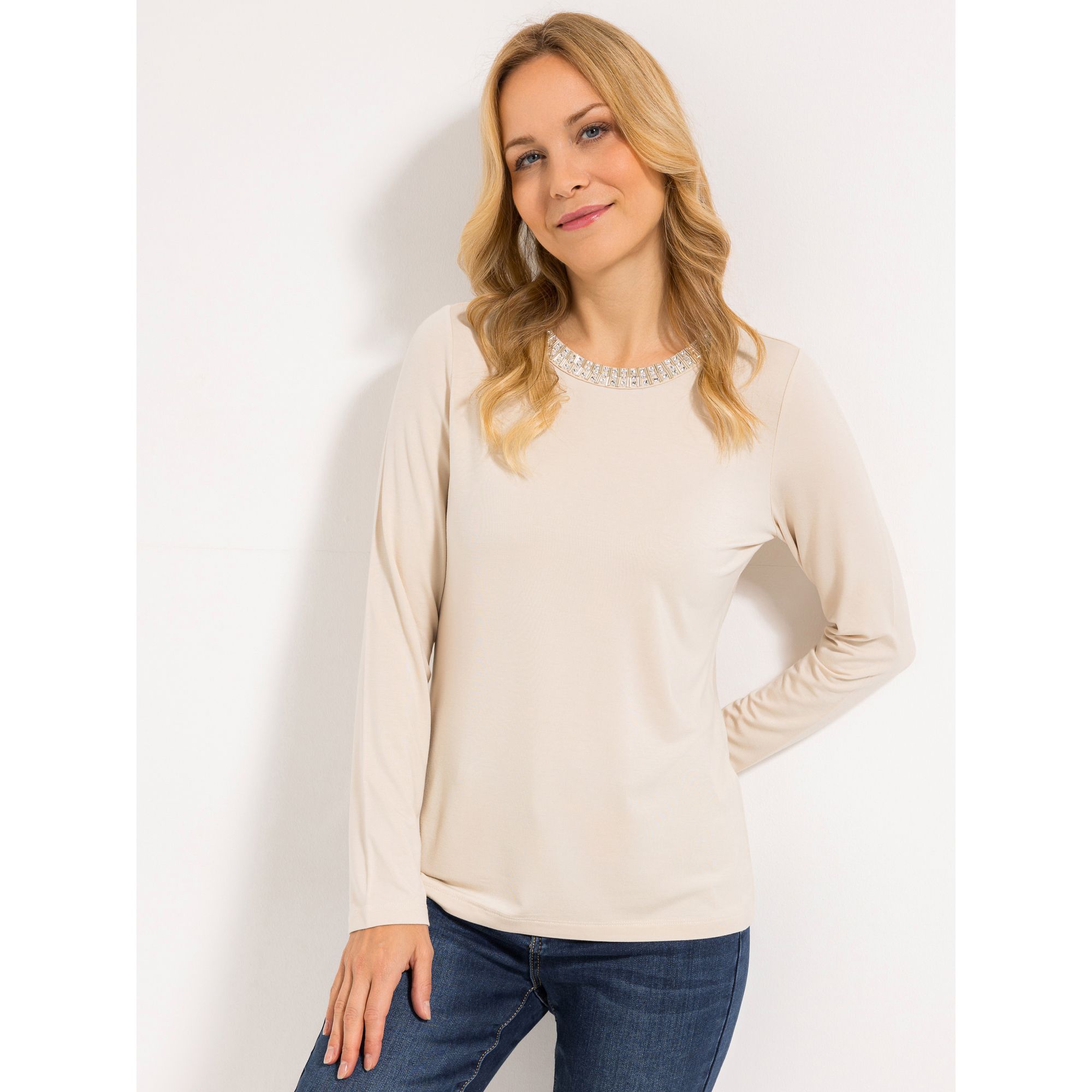 VIA MILANO Shirt, 1/1-Arm Rundhalsausschnitt mit Ziersteinen mit ECOVERO Viskose