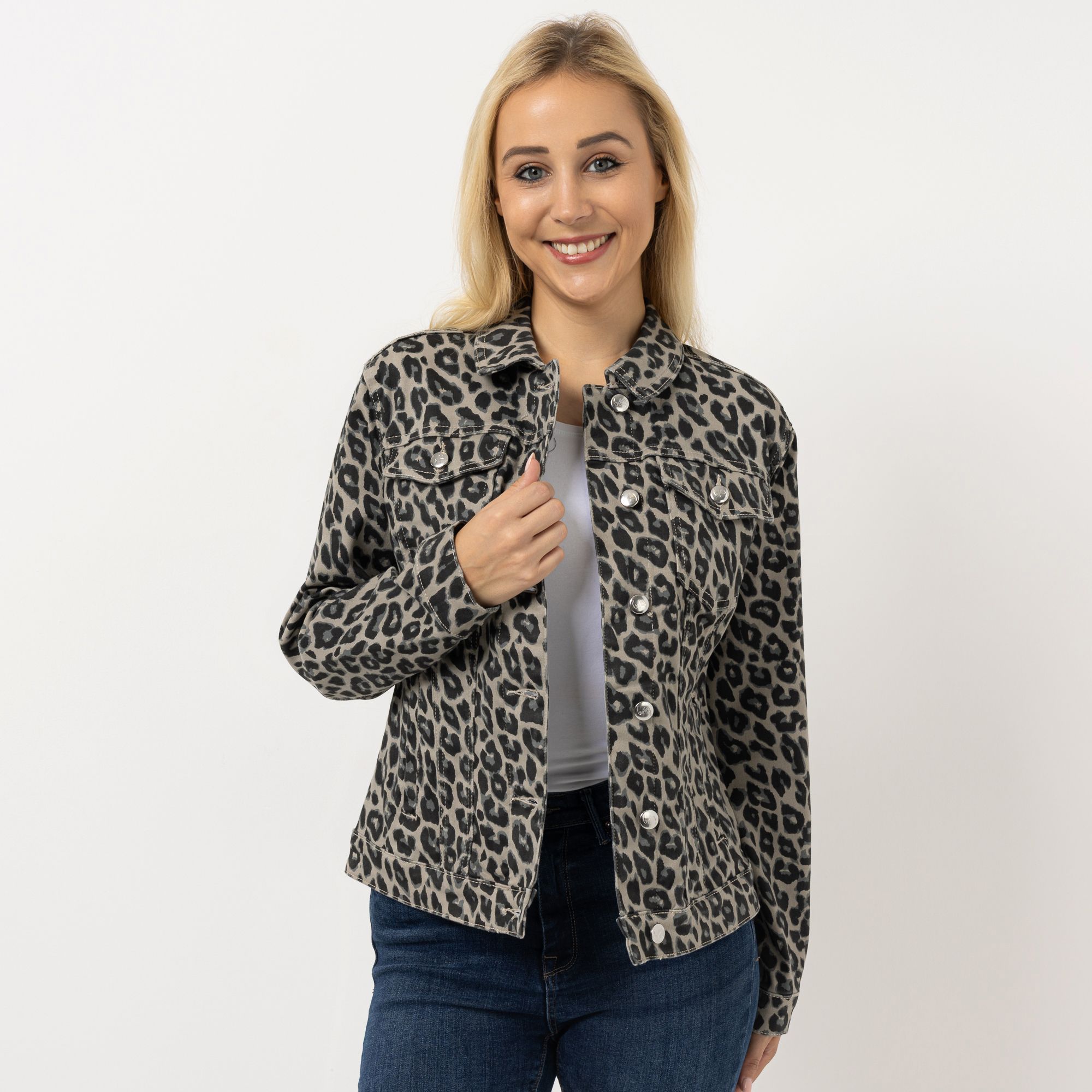 VIA MILANO Jeansjacke Knopfleiste Allover-Print Brusttaschen