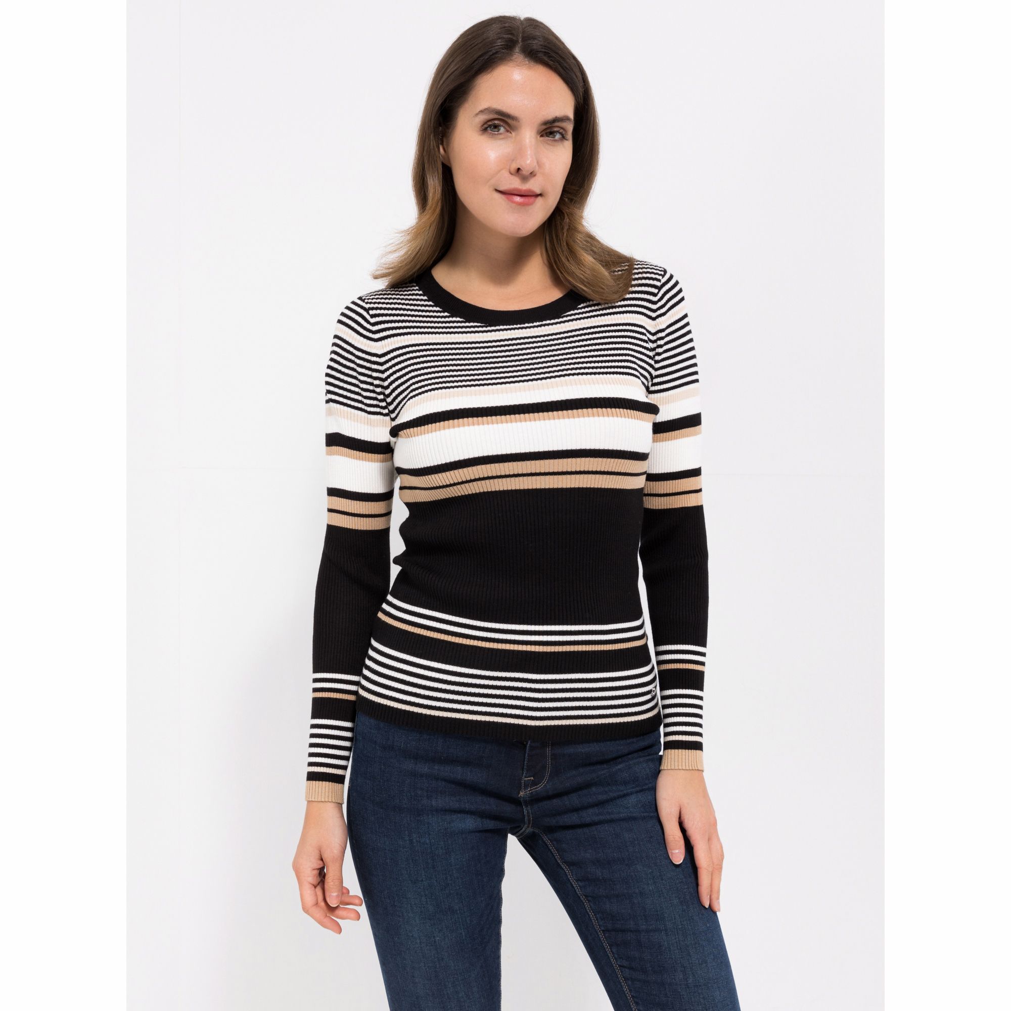 BASLER® Pullover, 1/1-Arm Rundhalsausschnitt gestreift figurbetont