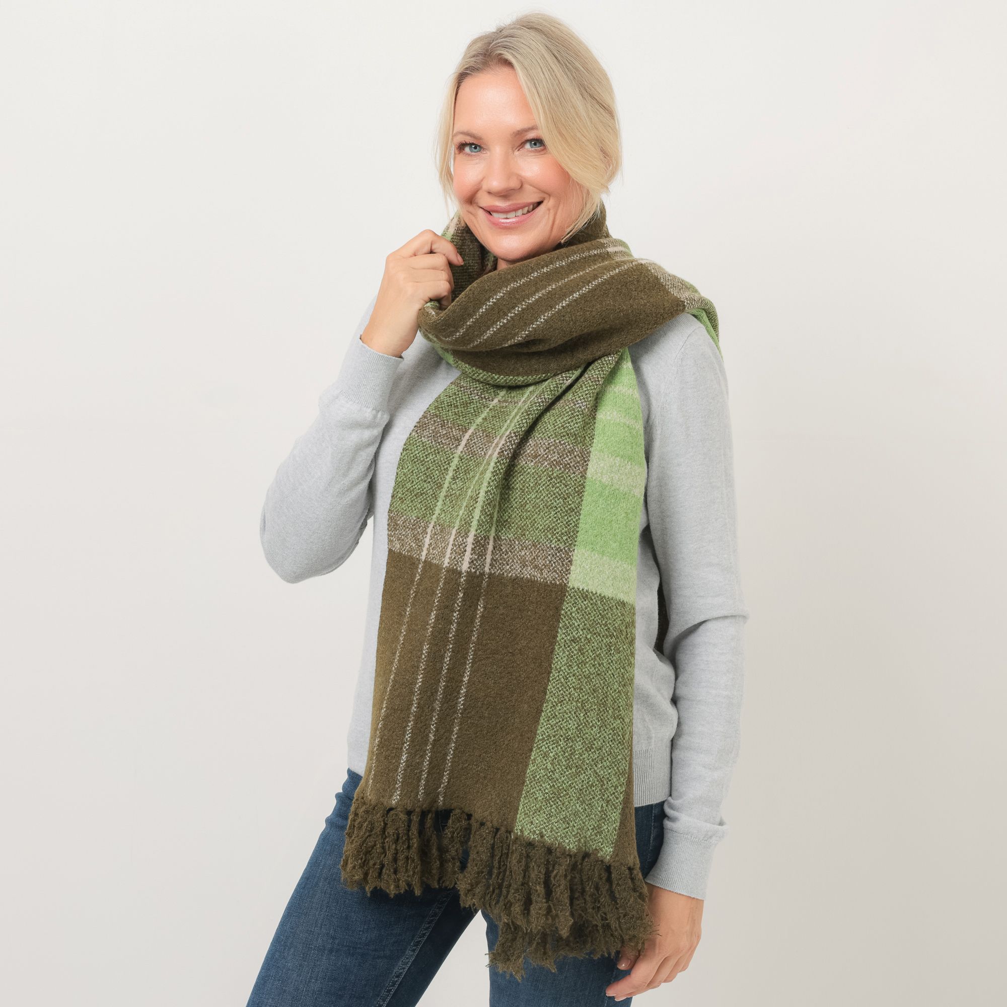 DENIM & CO. Strickschal Karo-Muster Fransenkante 50cm x 180cm