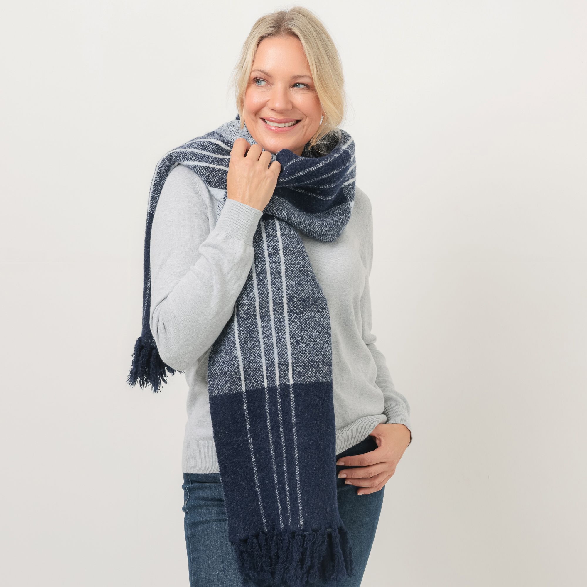 DENIM & CO. Strickschal Karo-Muster Fransenkante 50cm x 180cm