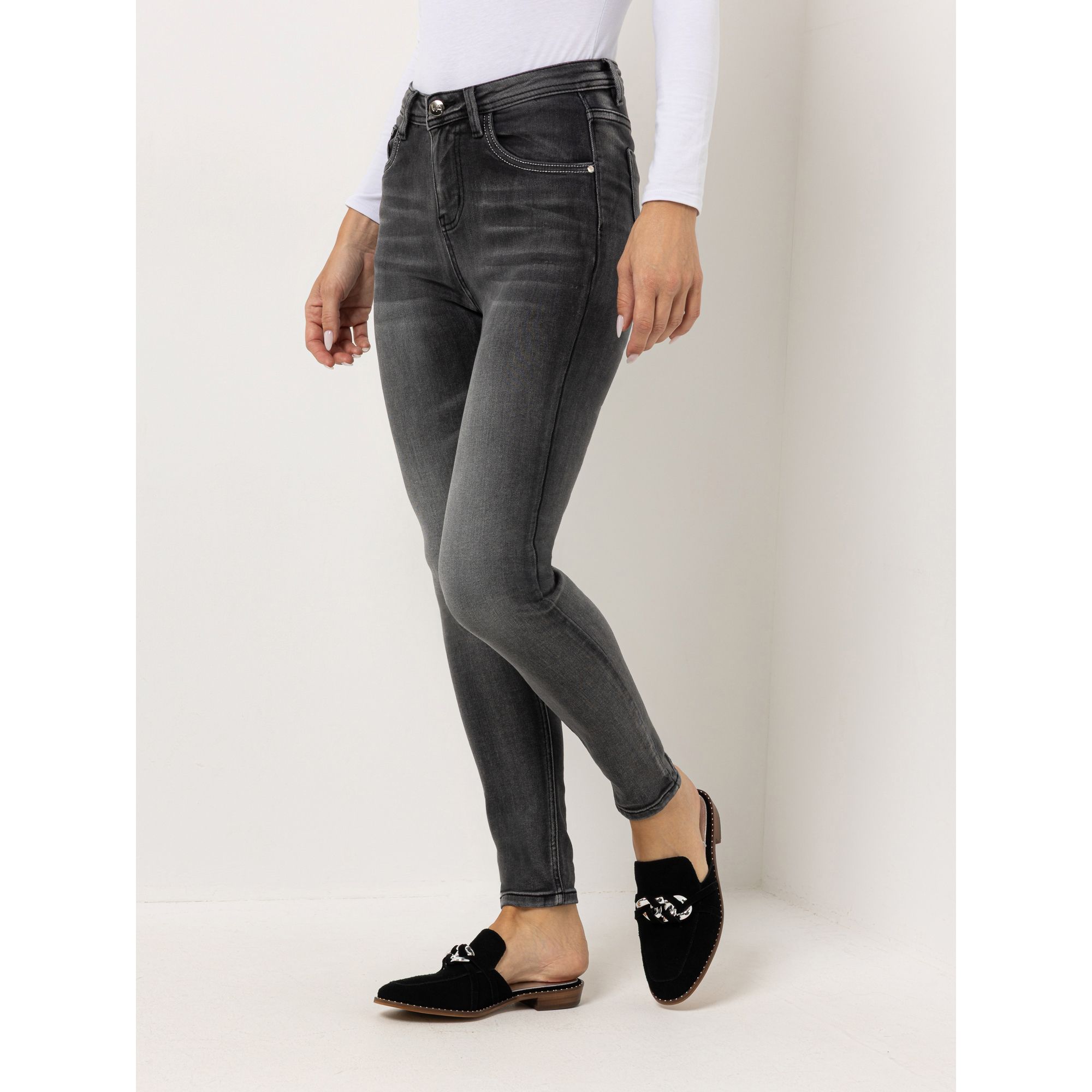 VIA MILANO Jeans, knöchellang 5-Pocket-Style schmales Bein Glanzgarn-Details