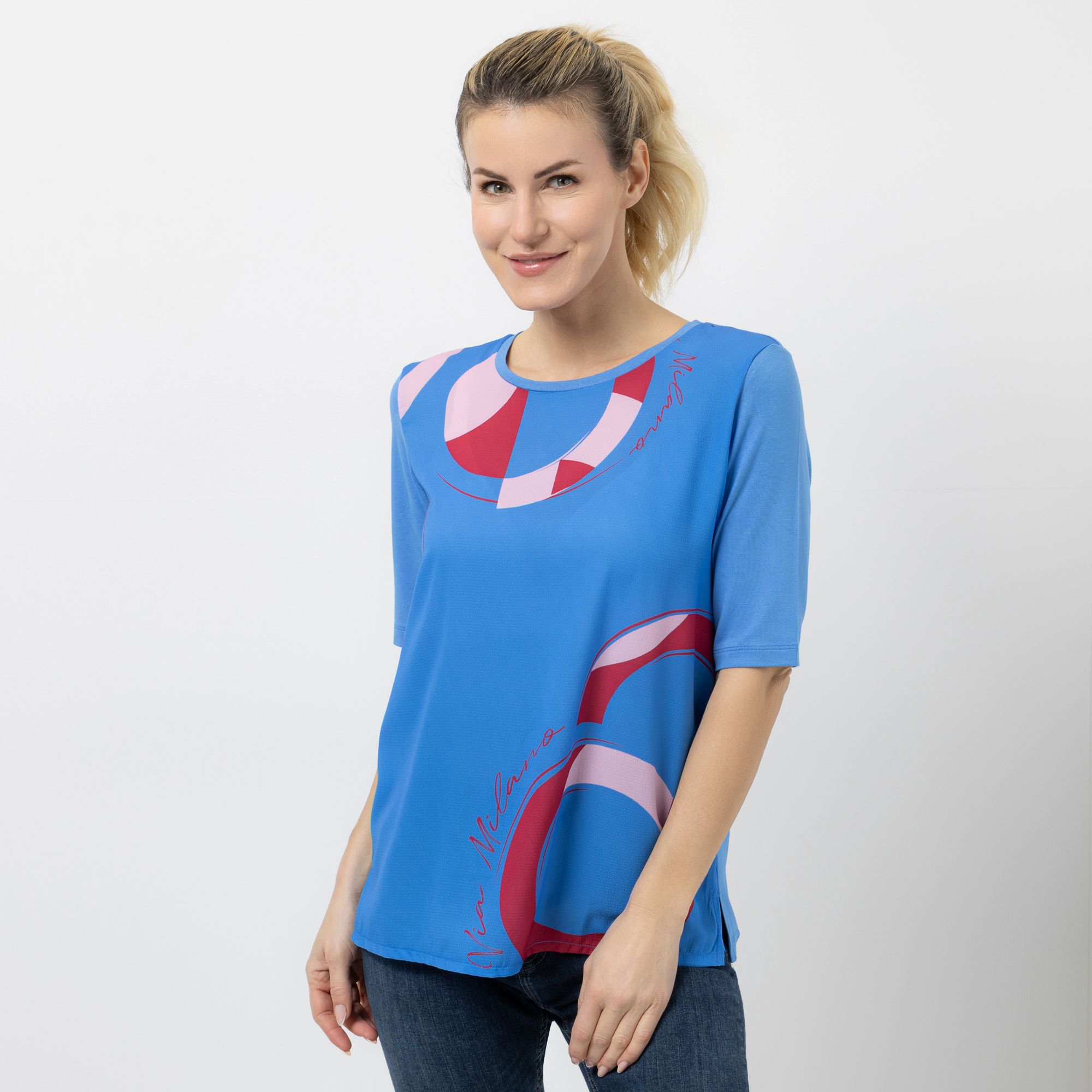 VIA MILANO Blusen-Shirt, 1/2-Arm Rundhalsausschnitt hinten Jersey figurumspielend