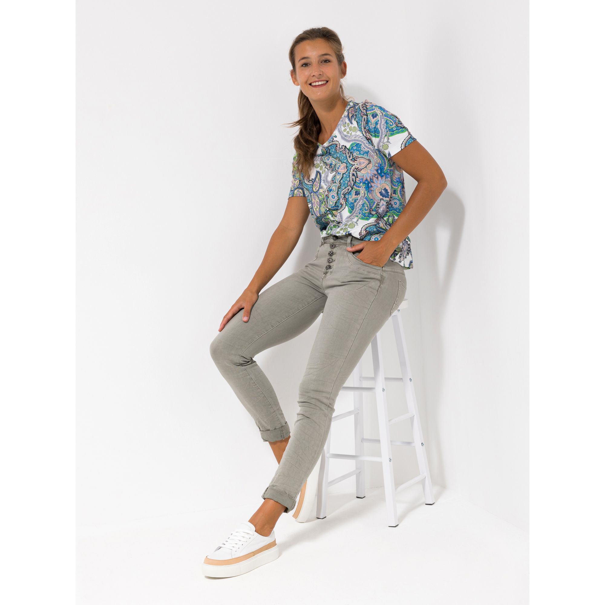 DINE 'N' DANCE Jeanshose, Jive 5-Pocket-Style Schmuckknöpfe knöchellang