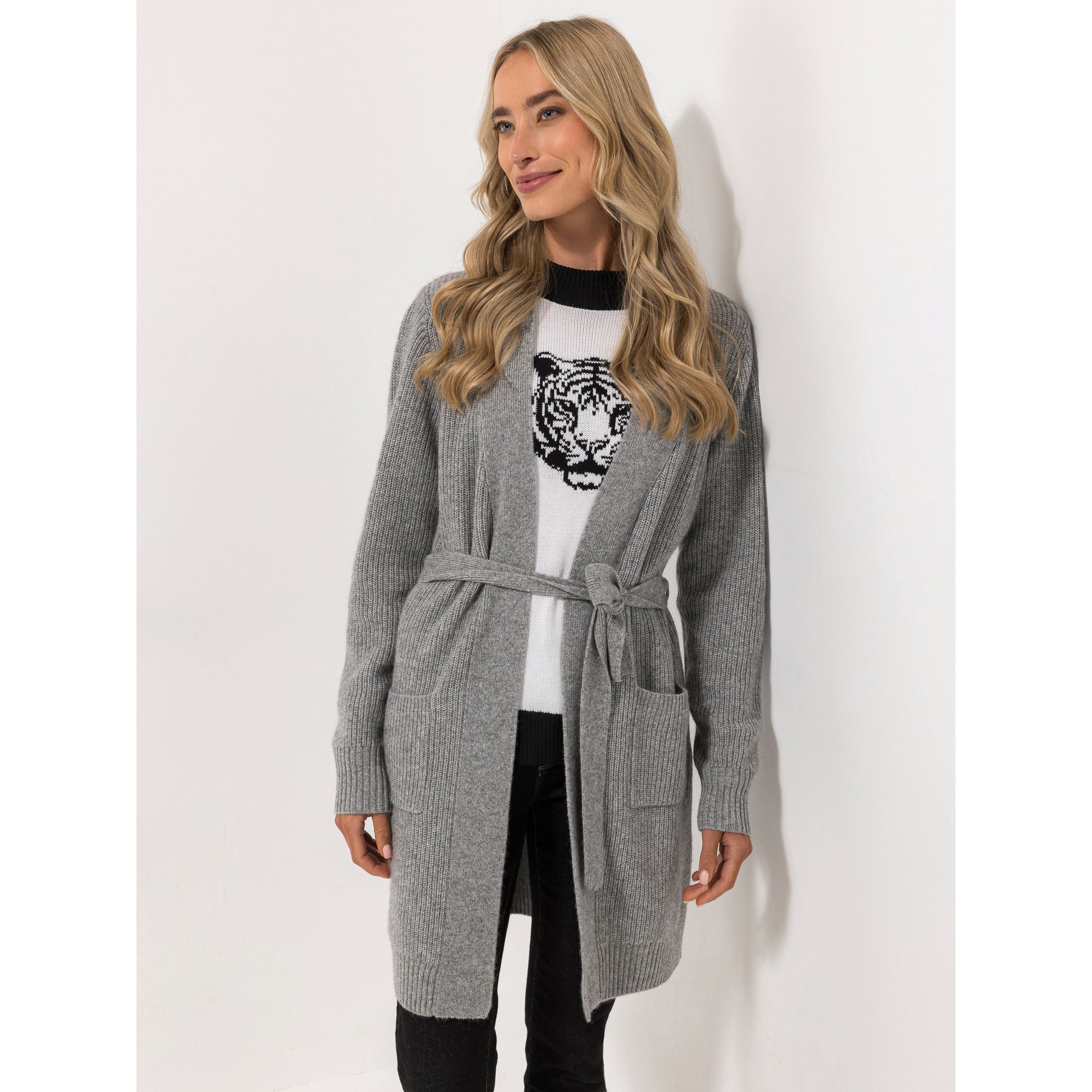STRANDFEIN Longcardigan Rippstrick Bindegürtel figurumspielend