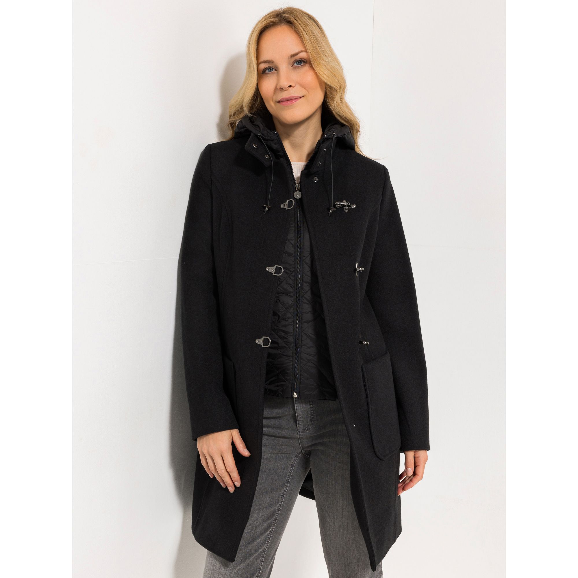 STRANDFEIN Kurzmantel Wollmix 2 in 1 Look Steppkapuze abnehmbar figurumspielend